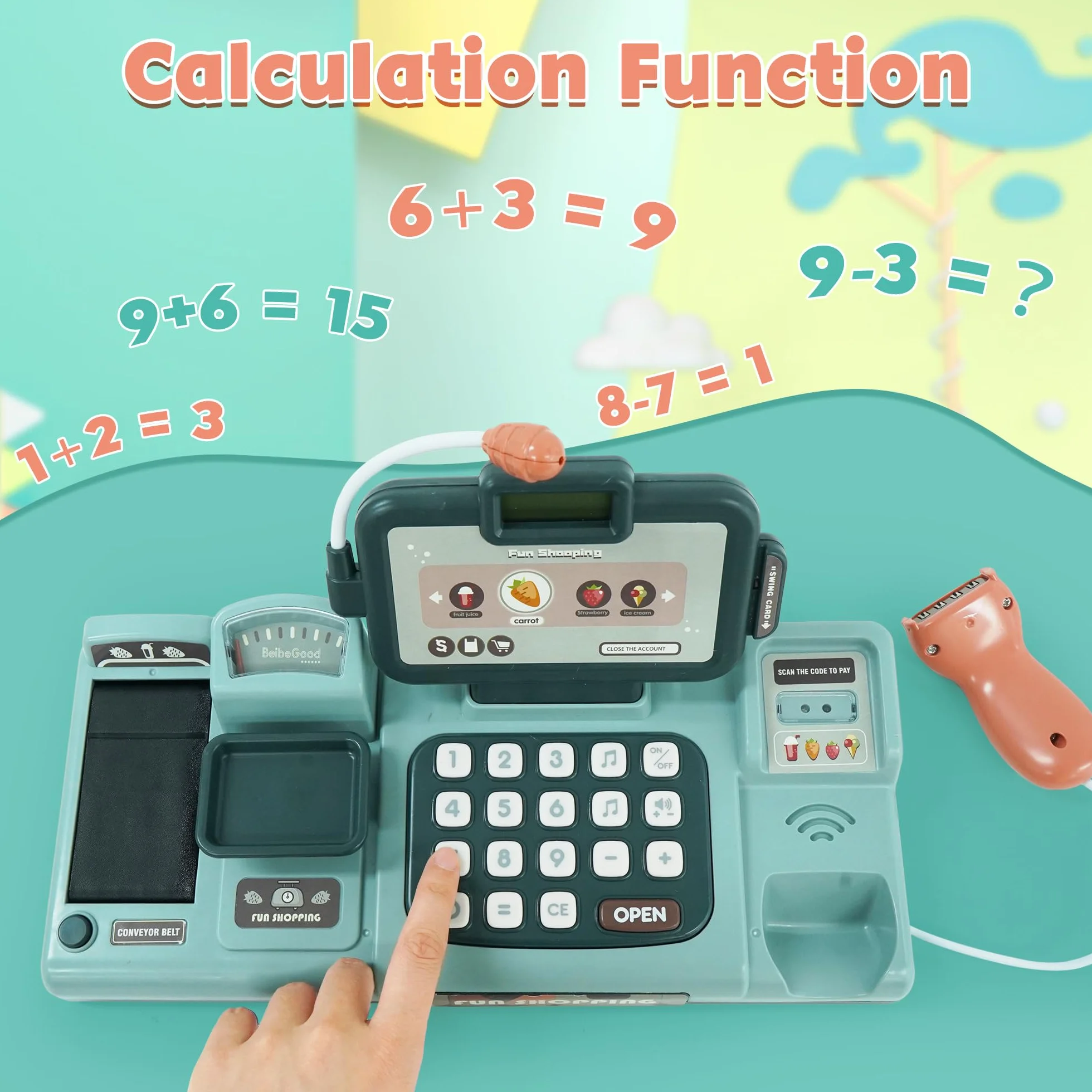 Zabawka kasowa dla dzieci z dźwiękiem, skanerem, żywnością, koszykiem na zakupy, prezent z kartą kredytową dla 3, 4, 5, 6, 7, 8 lat, chłopców, dziewcząt