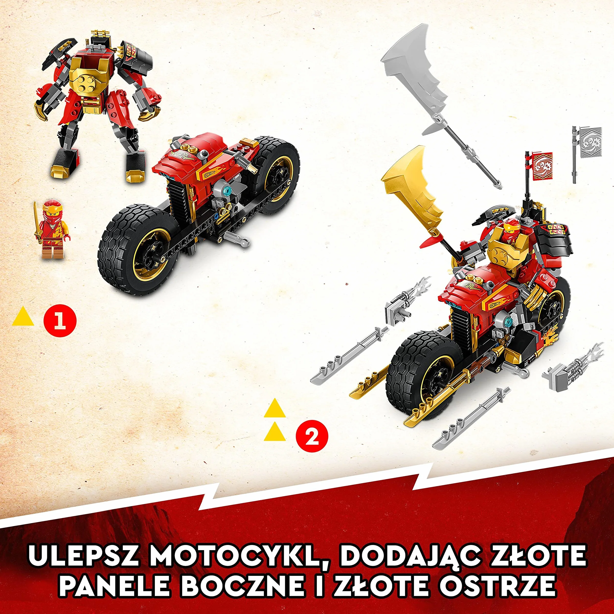 LEGO 71783 NINJAGO Jeździec-Mech Kaia EVO, Motocykl Ninja do Ulepszania, Figurka Mecha i 4 Minifigurki, Zabawki do Kolekcjonowania dla Dzieci od 7 Lat