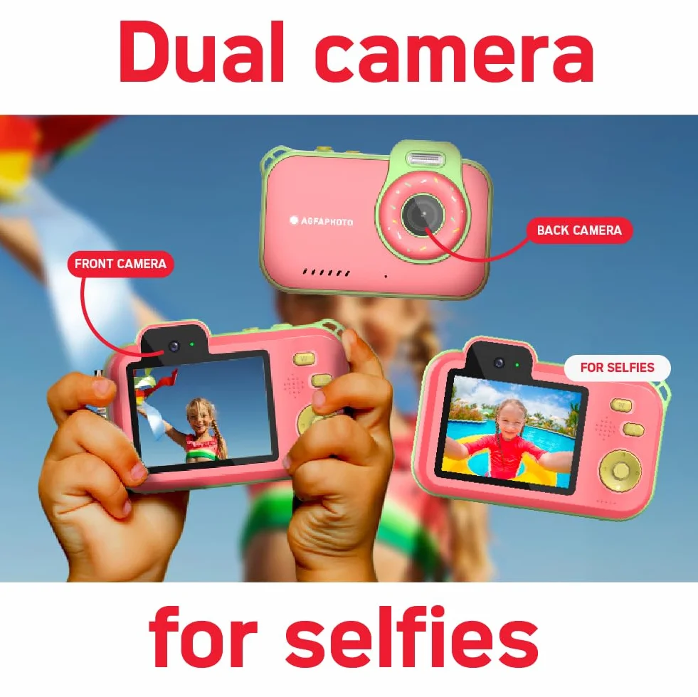AgfaPhoto Realikids Cam Waterproof 2 - wodoodporny aparat dziecięcy 12 MP, wideo HD, tryb selfie, filtry i ramki, wbudowane gry, bateria litowa - czerwony