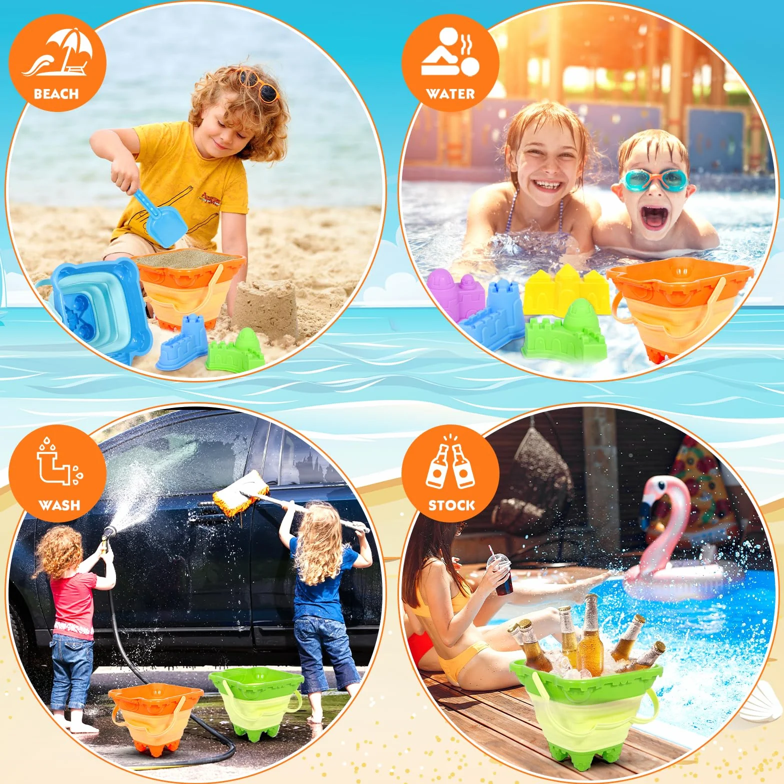 Zestaw 14-częściowy Zabawek do Piasku dla Dzieci – Zabawki na Plażę i Piaskownicy z Wiaderkiem Zamkowym, Foremkami, Łopatkami i Siatkową Torbą – Akcesoria do Piaskownicy