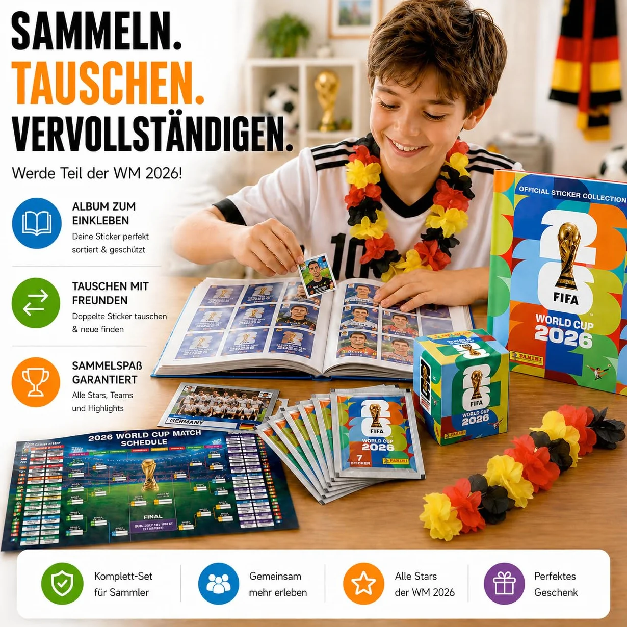 Panini WM 2026 zestaw naklejek i albumów – Mistrzostwa Świata 2026 – piłka nożna – łańcuszek z kwiatów – plan meczów