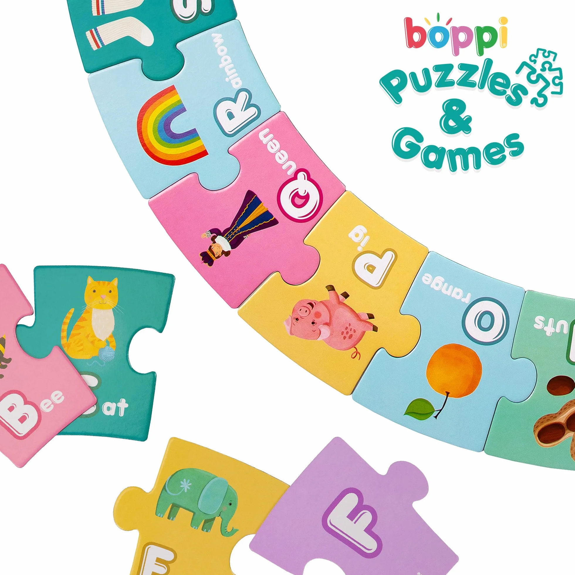 boppi Puzzle z alfabetem - wczesny rozwój umiejętności czytania i pisania dla dzieci w wieku od 3 lat - 26 sztuk puzzli Montessori dla maluchów / karty Flash ABC