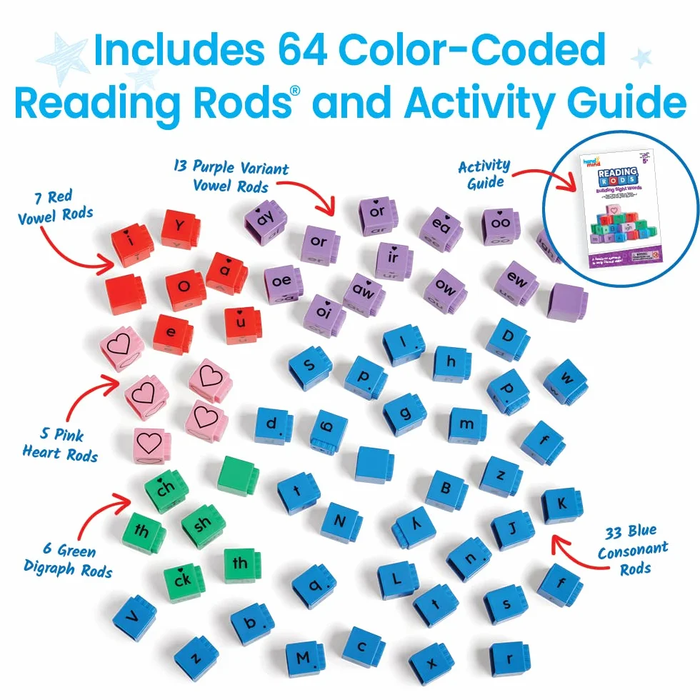 Learning Resources Klocki Reading Rods do Nauki Sight Words, Nauka czytania, Zabawa w tworzenie słów, Klocki z literkami, Sight words, Słowa trzyliterowe, Zabawki do nauki ortografii