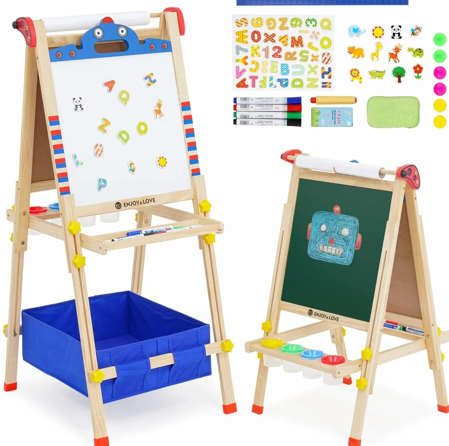 Drewniana tablica do zabaw dla dzieci, sztaluga 3 w 1, regulowana wysokość z rolką papieru, tablicą, naklejkami kreskówkowymi i 4 miskami do kolorowania bogate akcesoria (forma robota)