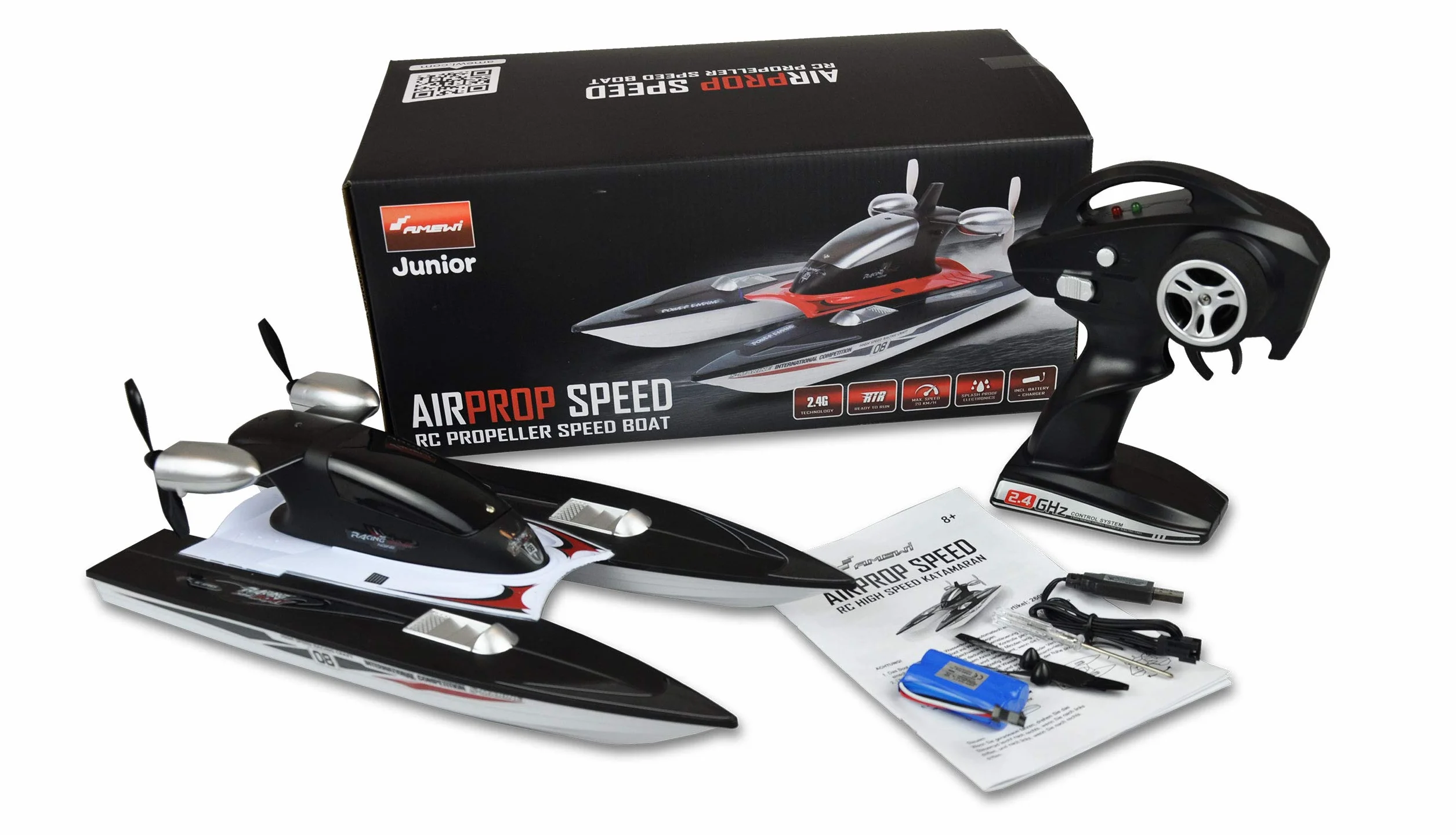 Amewi 26094 RC Propeller Speed Catamaran Boat, zdalnie sterowana, RTR, 2,4 GHz, ok. 20 km/h, od 8 lat, czarno-biała