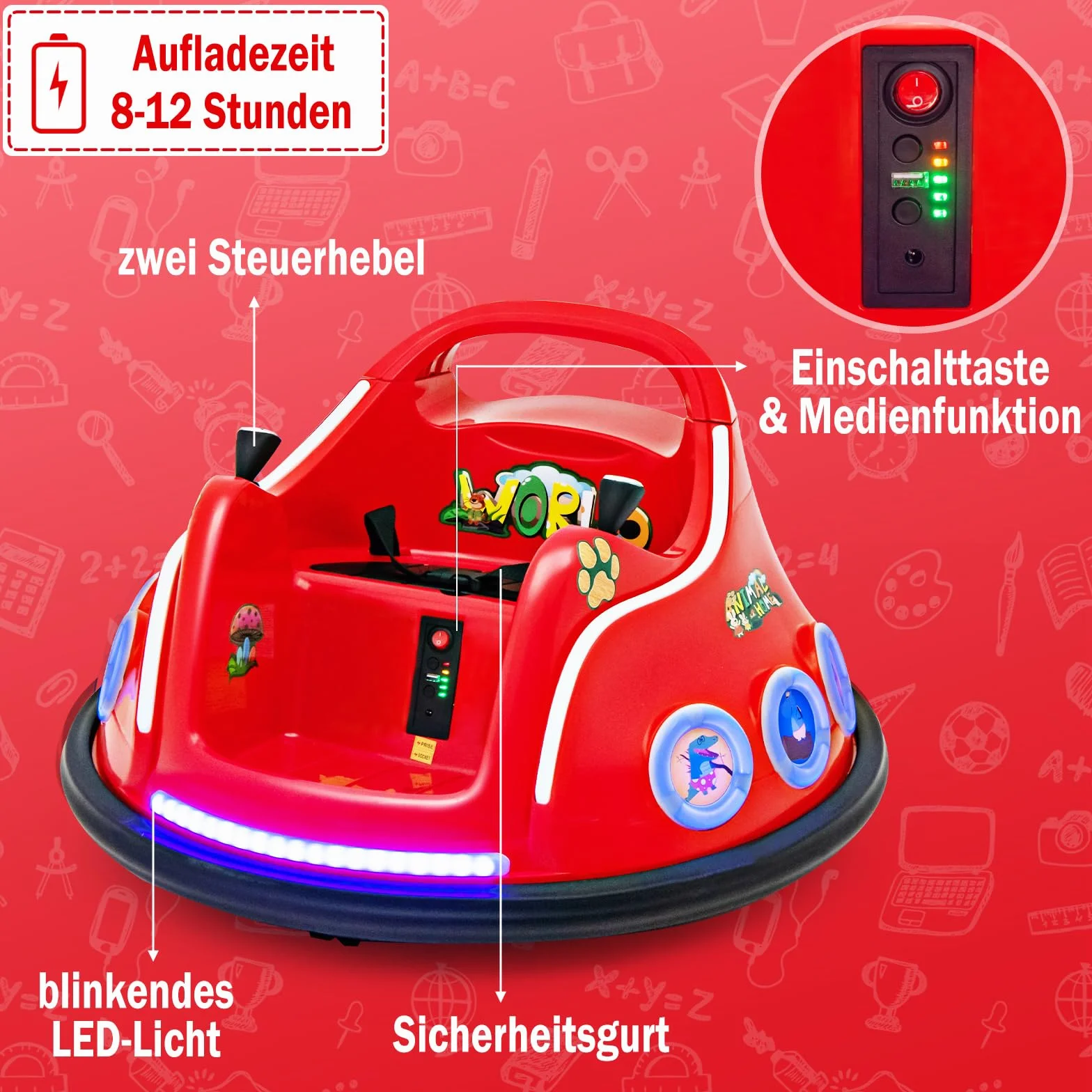 COSTWAY Dziecięcy autoscooter 12V, obrót o 360 stopni, elektryczny samochód zderzakowy z muzyką i światełkami, w zestawie pilot zdalnego sterowania 2,4 GHz, idealny dla dzieci od 3 lat (czerwony)