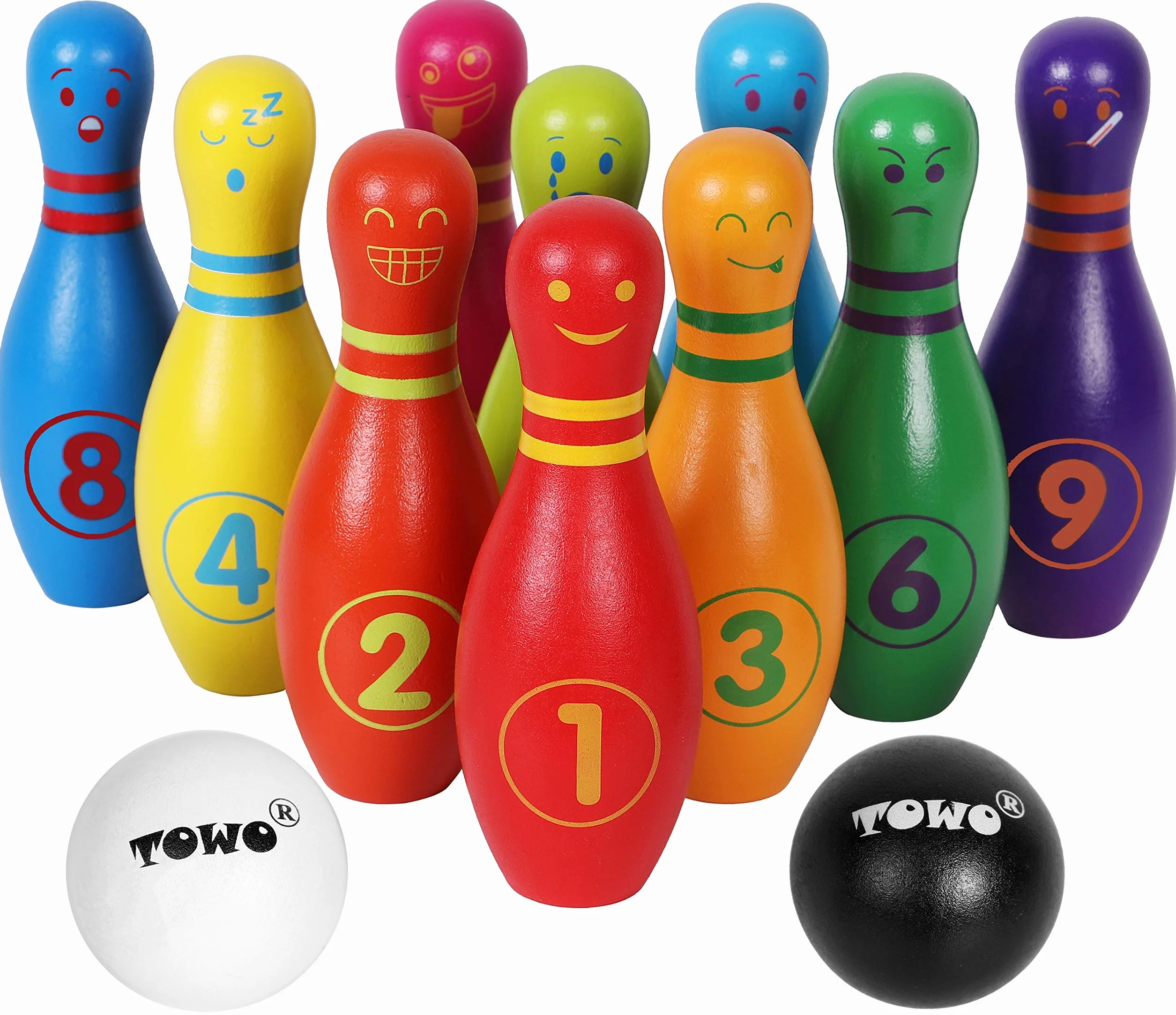TOWO Skittles drewniane dla dzieci - drewniane Skittle Set z twarzy emocji i numery - 10 Pin Bowling Zestaw dla dzieci kryty i zabawki ogrodowe - drewniane zabawki dla 2 lat Maluch