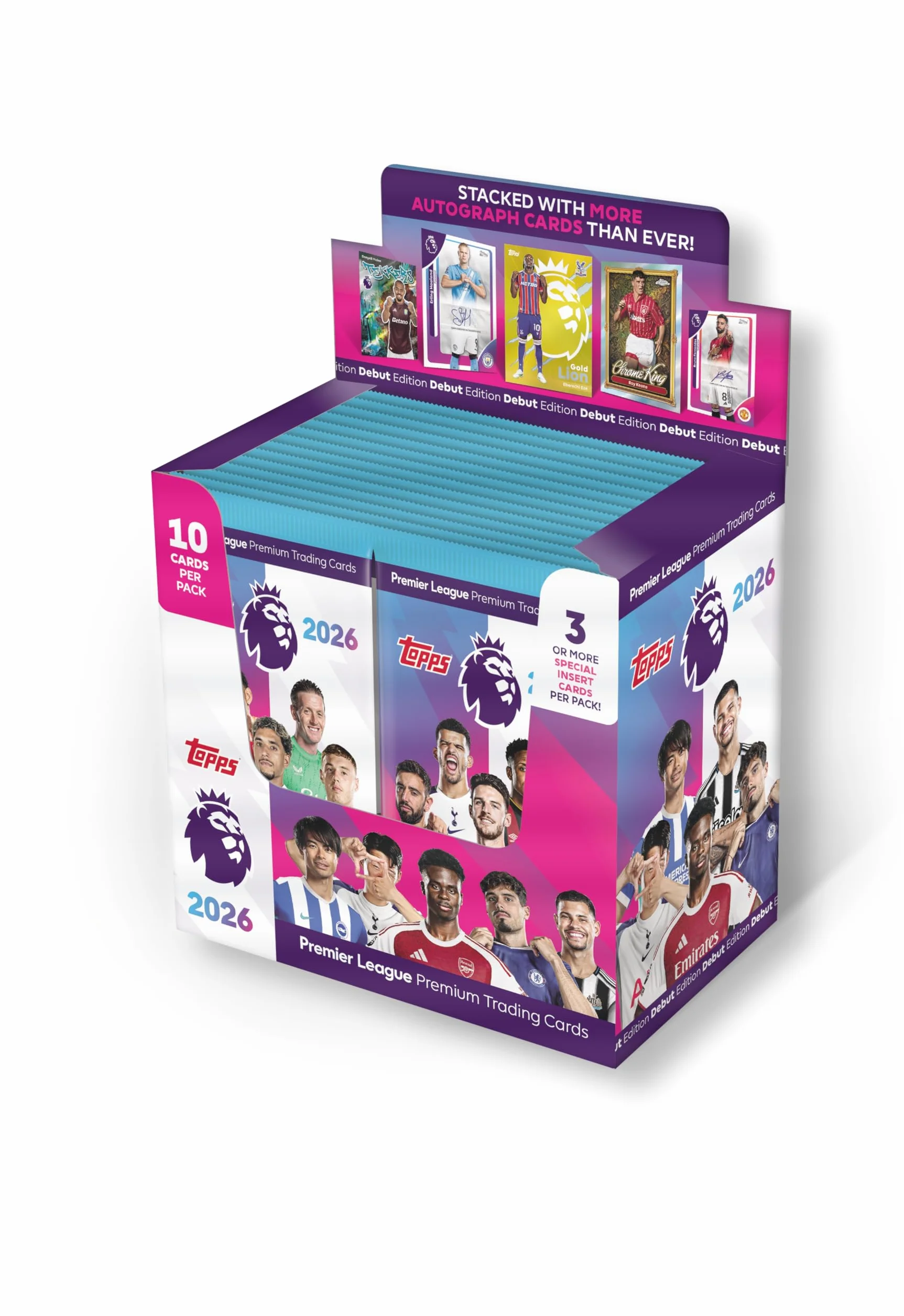Topps Premier League 2026 – edycja debiutancka – pełne pudełko – 28 paczek w pudełku (280 kart) 3 lub więcej kart specjalnych w opakowaniu.