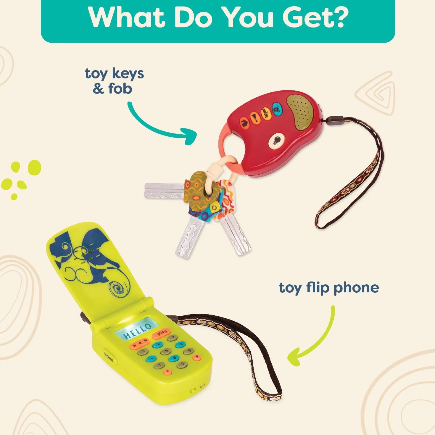 B. toys BX2367Z Cellphone samochodowy – 2 szt. sensory Bundle – developmental Toy for Babies, Toddlers – Red Keys & Green Play Phone – 10 miesięcy + – FunKeys + Hellophone, Multi