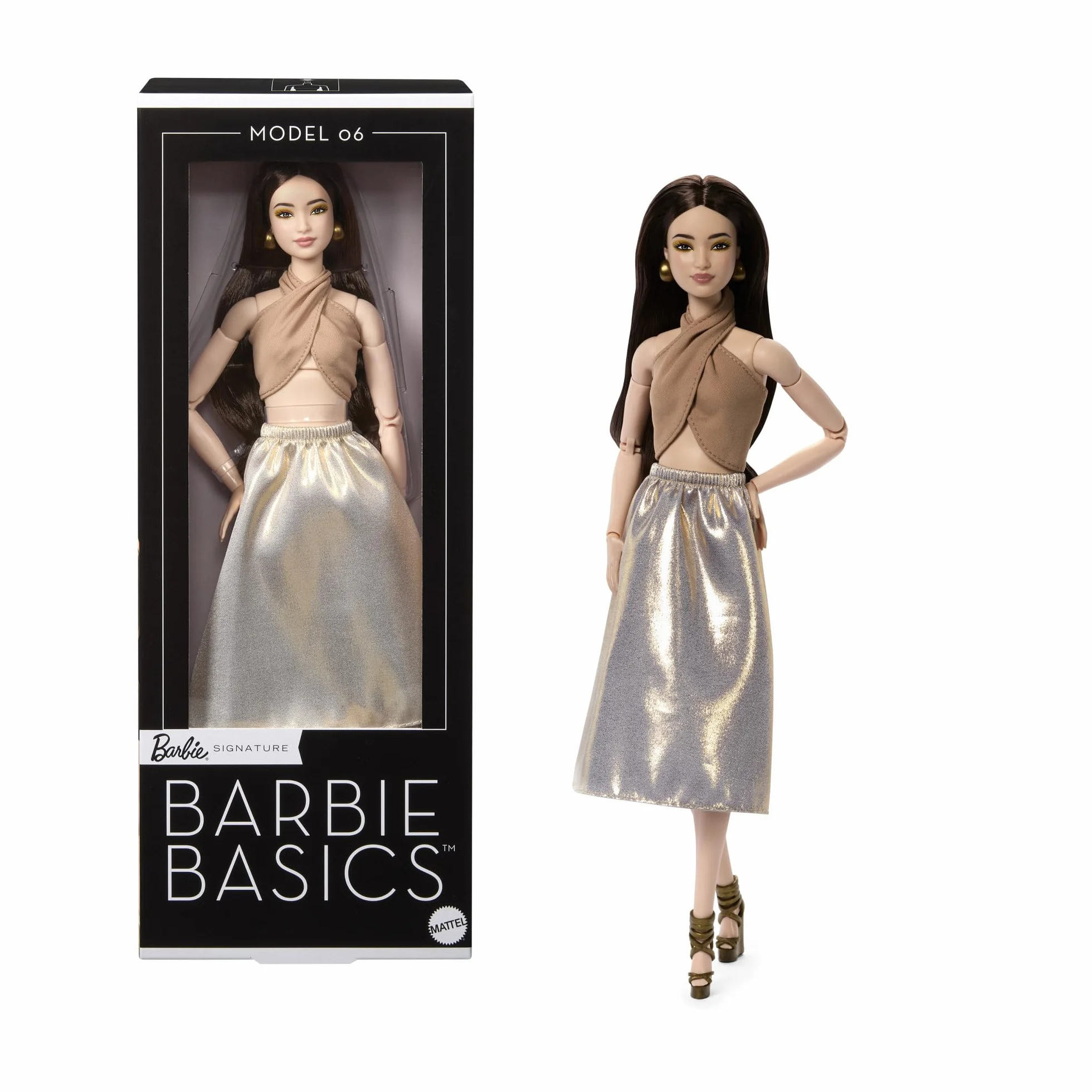 Barbie Basics Model 06 z brązowymi włosami, błyszczącą złotą spódniczką i topem, uniwersalnymi ubraniami, ruchomym ciałem, JJX25