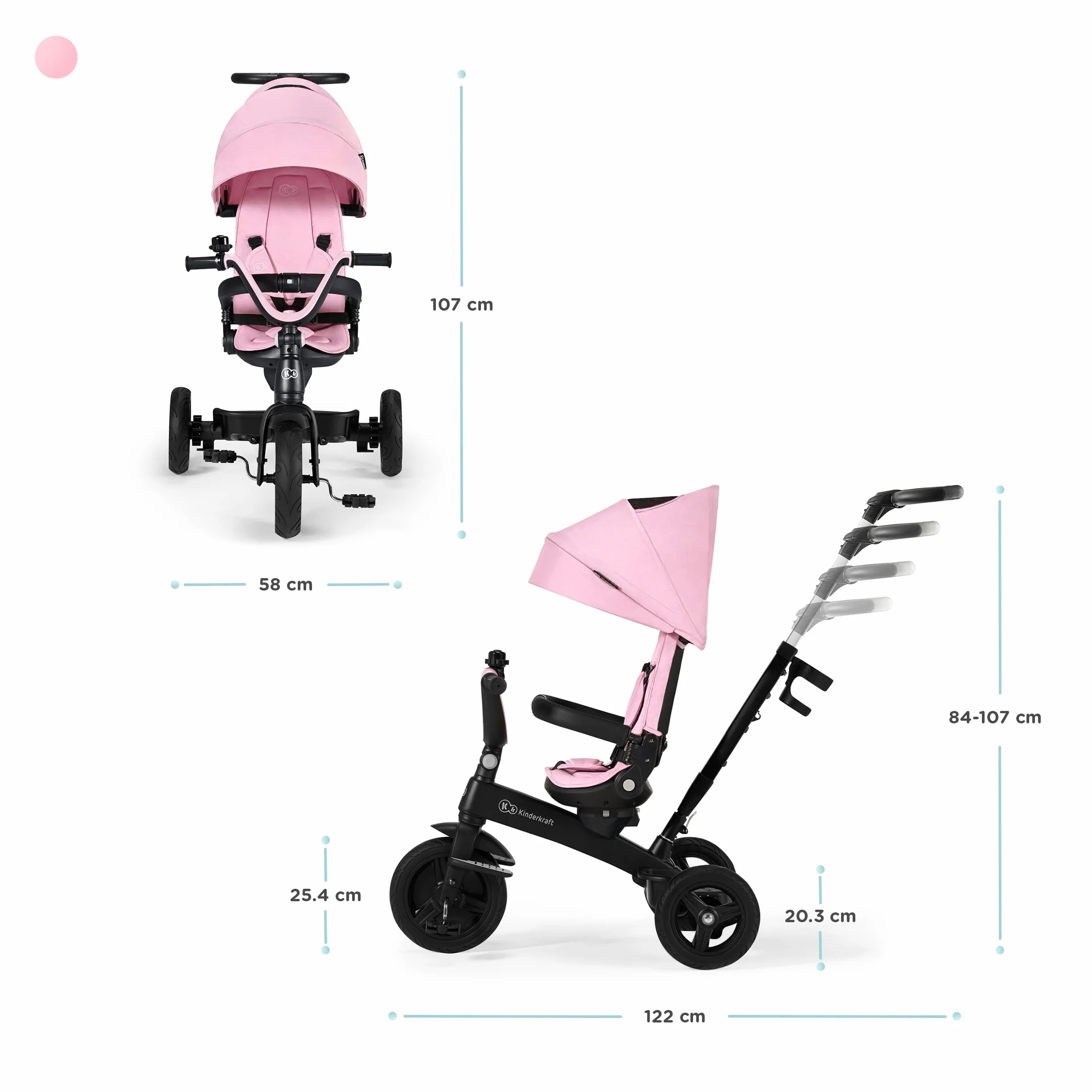 Kinderkraft Rowerek trójkołowy 5w1 TWIPPER, Trójkołowiec, Obrotowe siedzisko 360°, Wolne koło, Daszek przeciwsłoneczny, Akcesoria, Dzwonek, Uchwyt na kubek, od 6 Miesięcy do 5 lat, Różowy