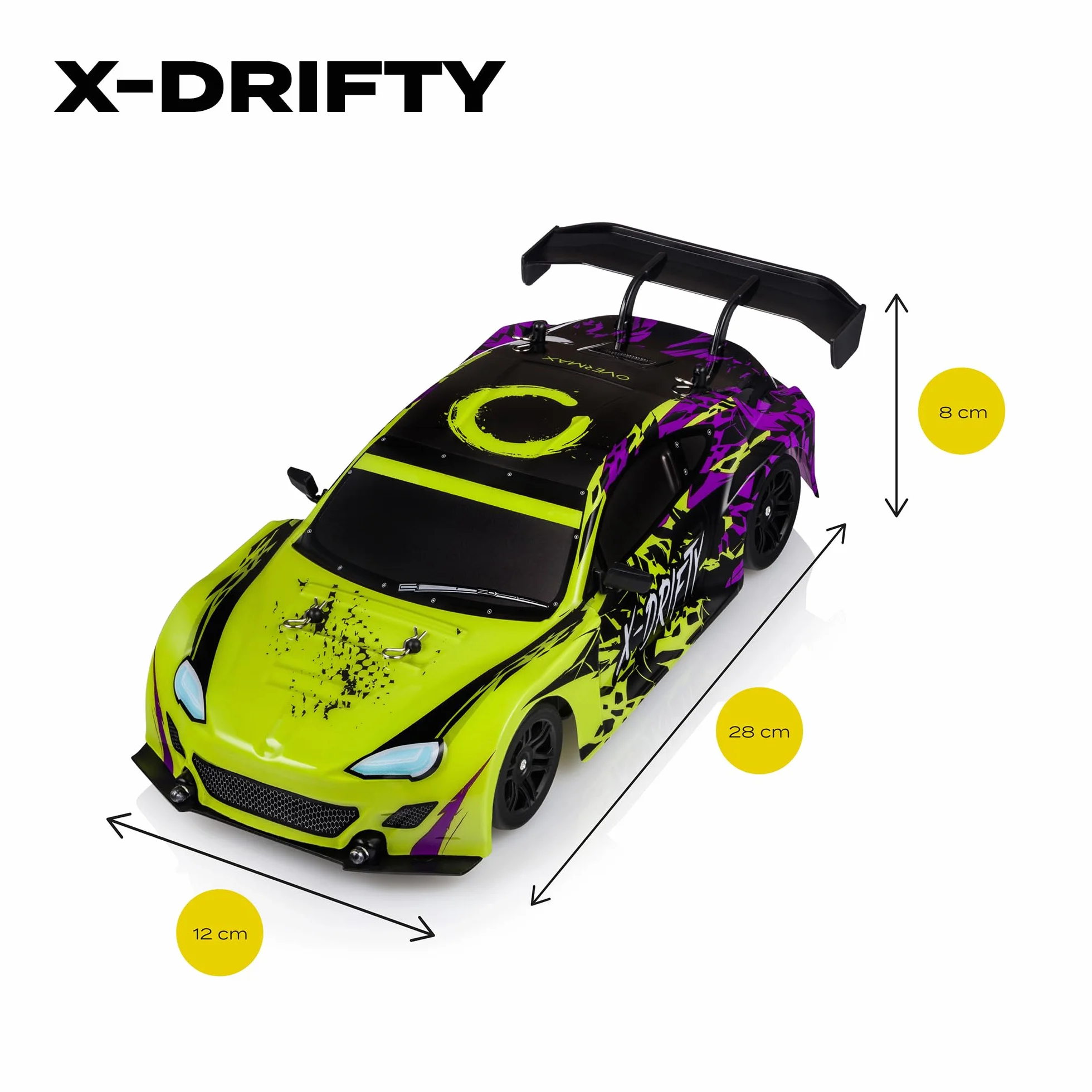 OVERMAX X-Drifty Zdalnie Sterowany Samochód RC dla Dzieci 3+, Auto do Driftu 1:16, 20 km/h, Zasięg do 80 m, napęd 4WD, 2 Baterie 500 mAh Zestaw Kół, Zestaw Przeszkód Naklejki