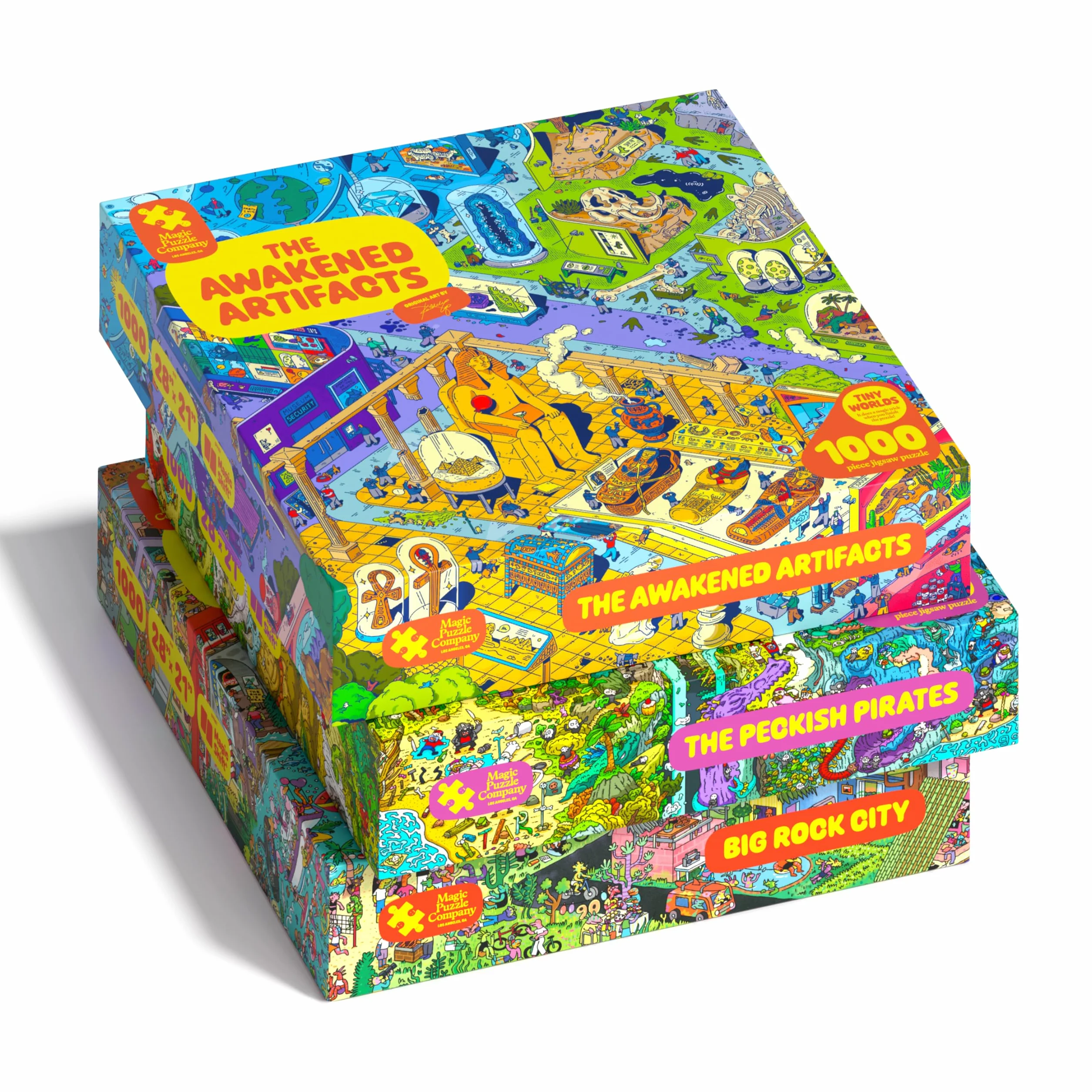 Magic Puzzle Company Zestaw 3 układanek z serii czwarta: Big Rock City, The Awakened Artifacts i The Peckish Pirates, 1000-elementowe puzzle