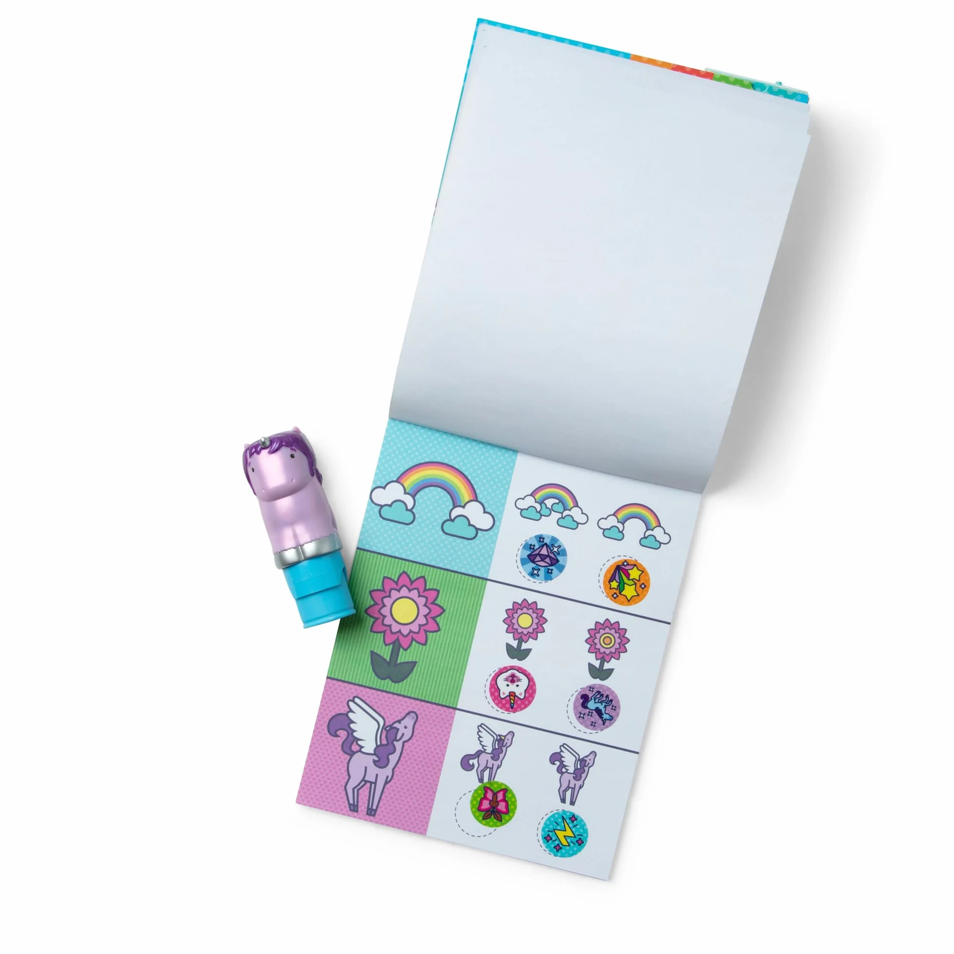 Melissa & Doug Naklejka Wow 24-stronny blok aktywności i pieczątka z naklejkami, 300 naklejek, zabawki dekoracyjne, do majsterkowania i zajęć do kolekcjonowania – błyszczący jednorożec