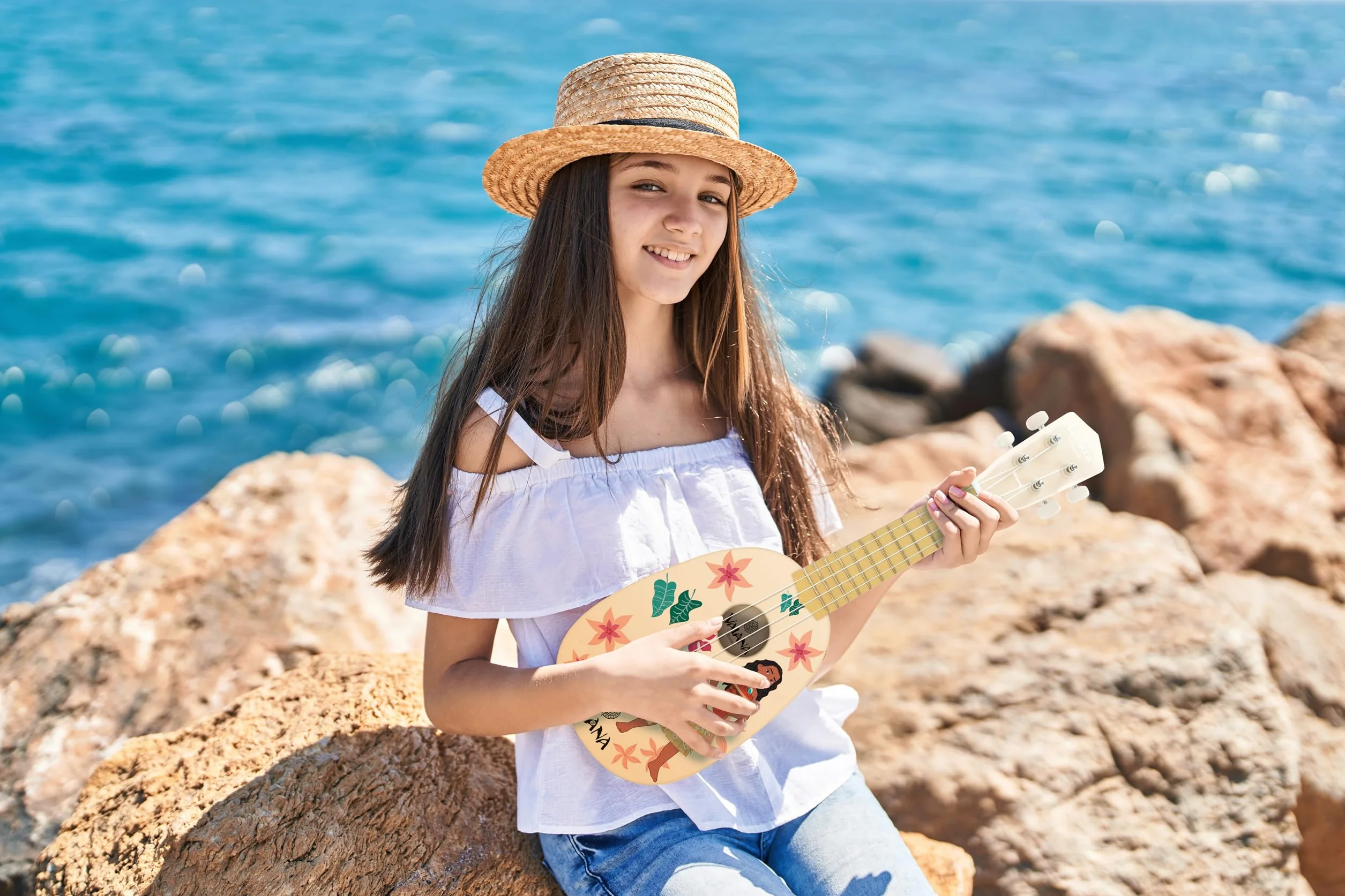 Lexibook, Disney Vaiana, Mój pierwszy drewniany ukulele, 4 nylonowe struny, 53 cm, przewodnik w zestawie, niebieski, K230VN