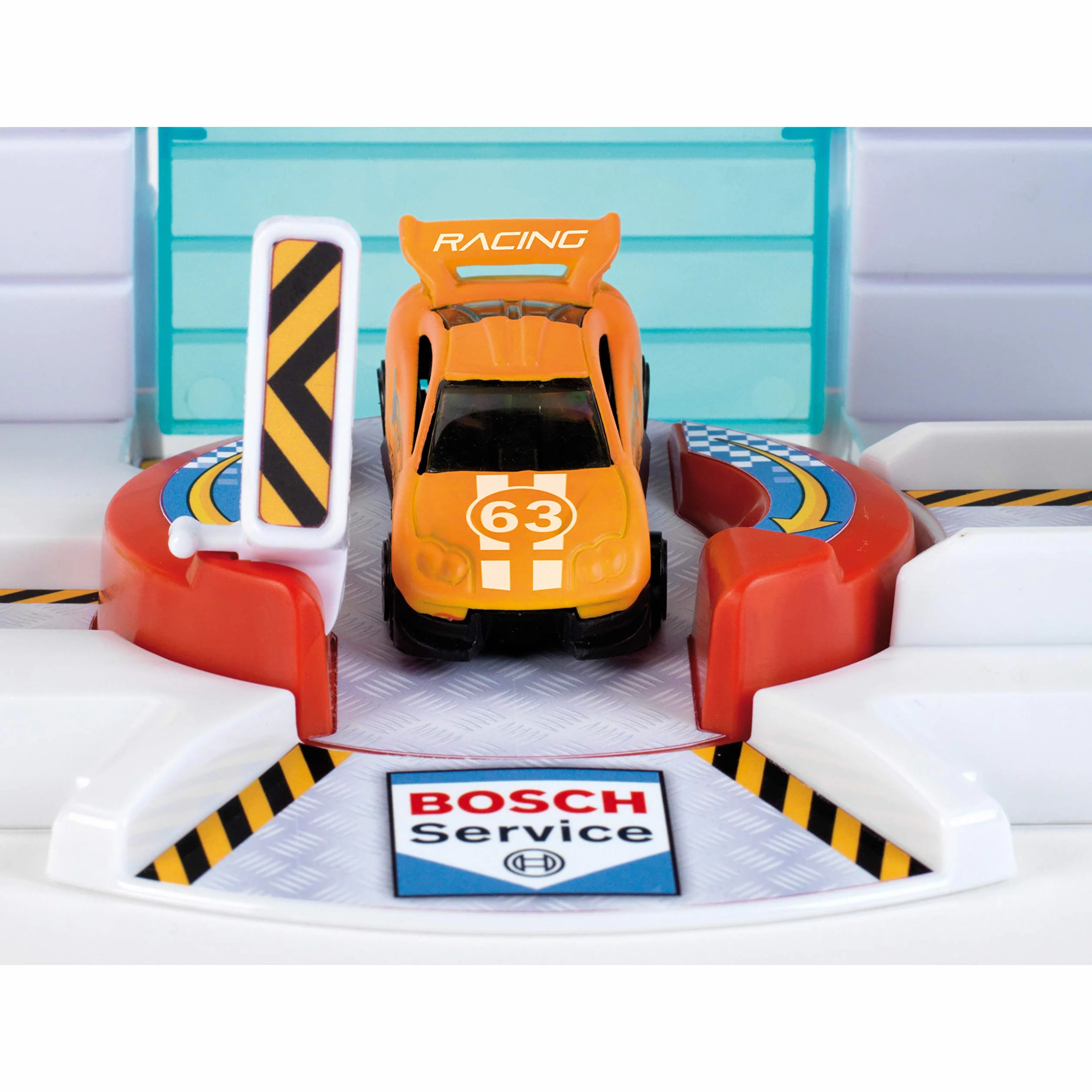 Theo Klein 2866 Aleja serwisowa Bosch Car Service | Z podnośnik i myjnia | 1 samochodzik zmieniający kolor | Zabawka dla dzieci powyżej 3. roku życia