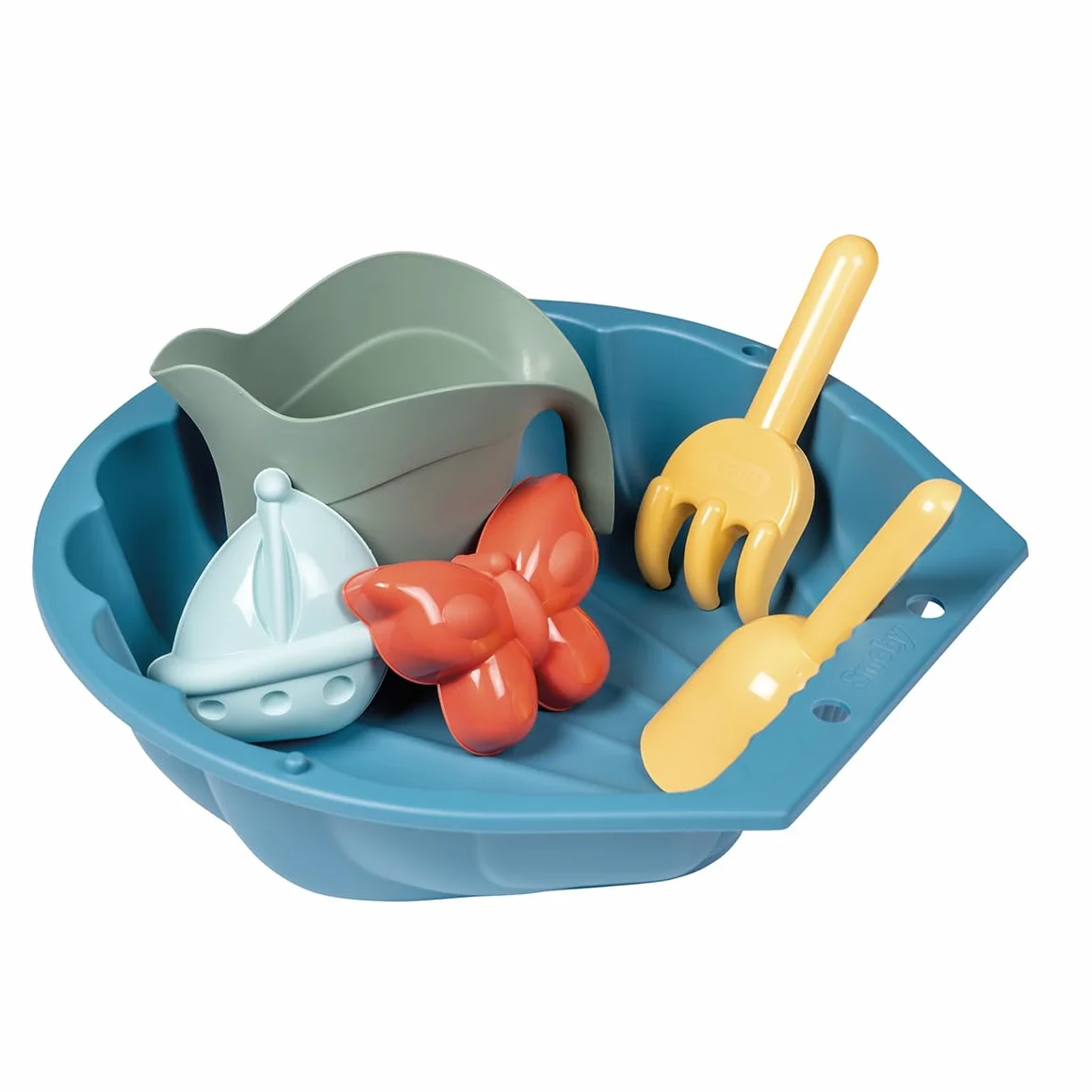 Smoby Life - Miniaturowa piaskownica wypełniona - w kształcie muszli - łopatka, grabie, foremka do piasku, konewka - materiał z recyklingu - od 18 miesięcy - wyprodukowano we Francji