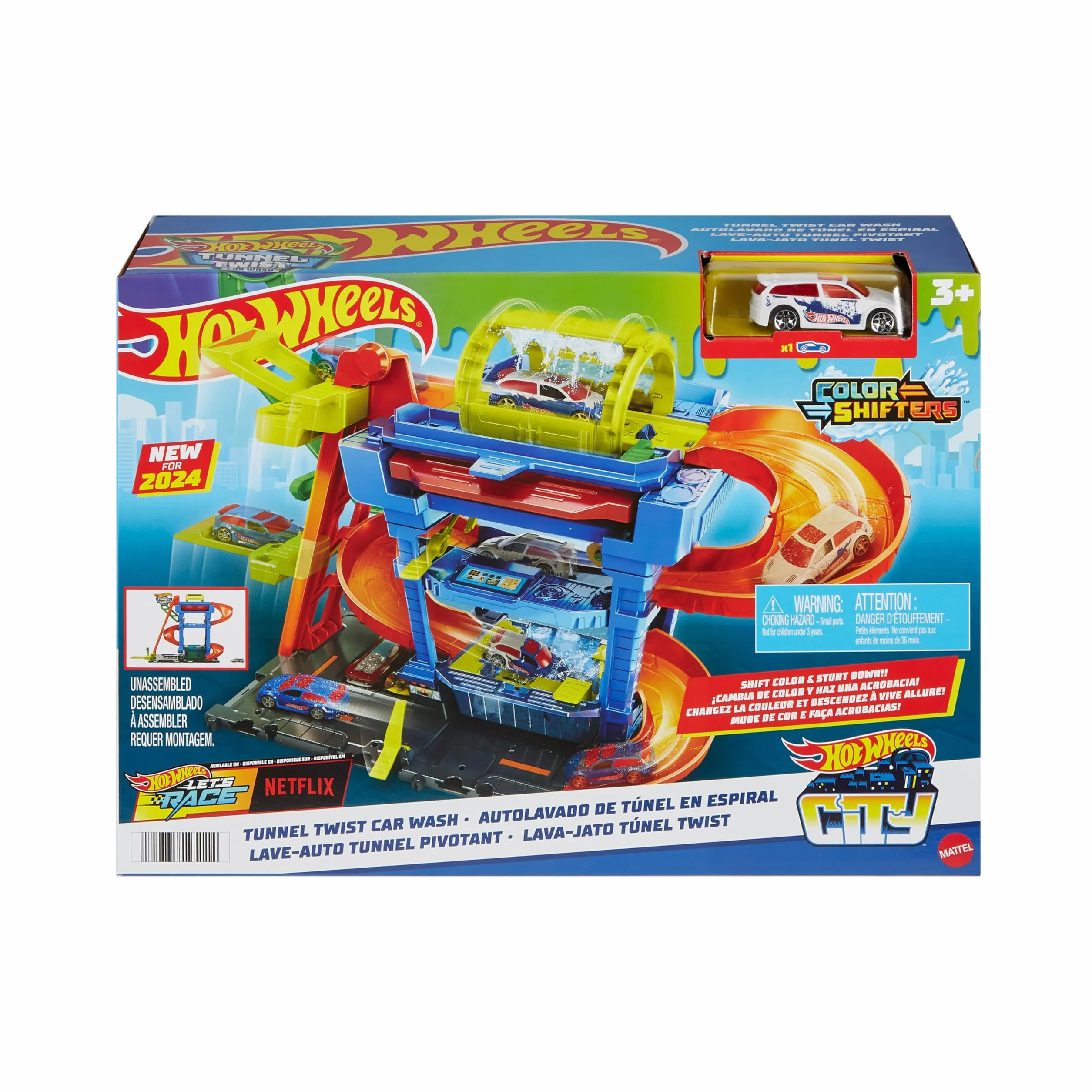 Hot Wheels City „Let's Race – Na start!” Netflix - Myjnia Odjazdowe zakręty Zestaw z 1 samochodzikiem Color Shifters w skali 1:64, HTN80