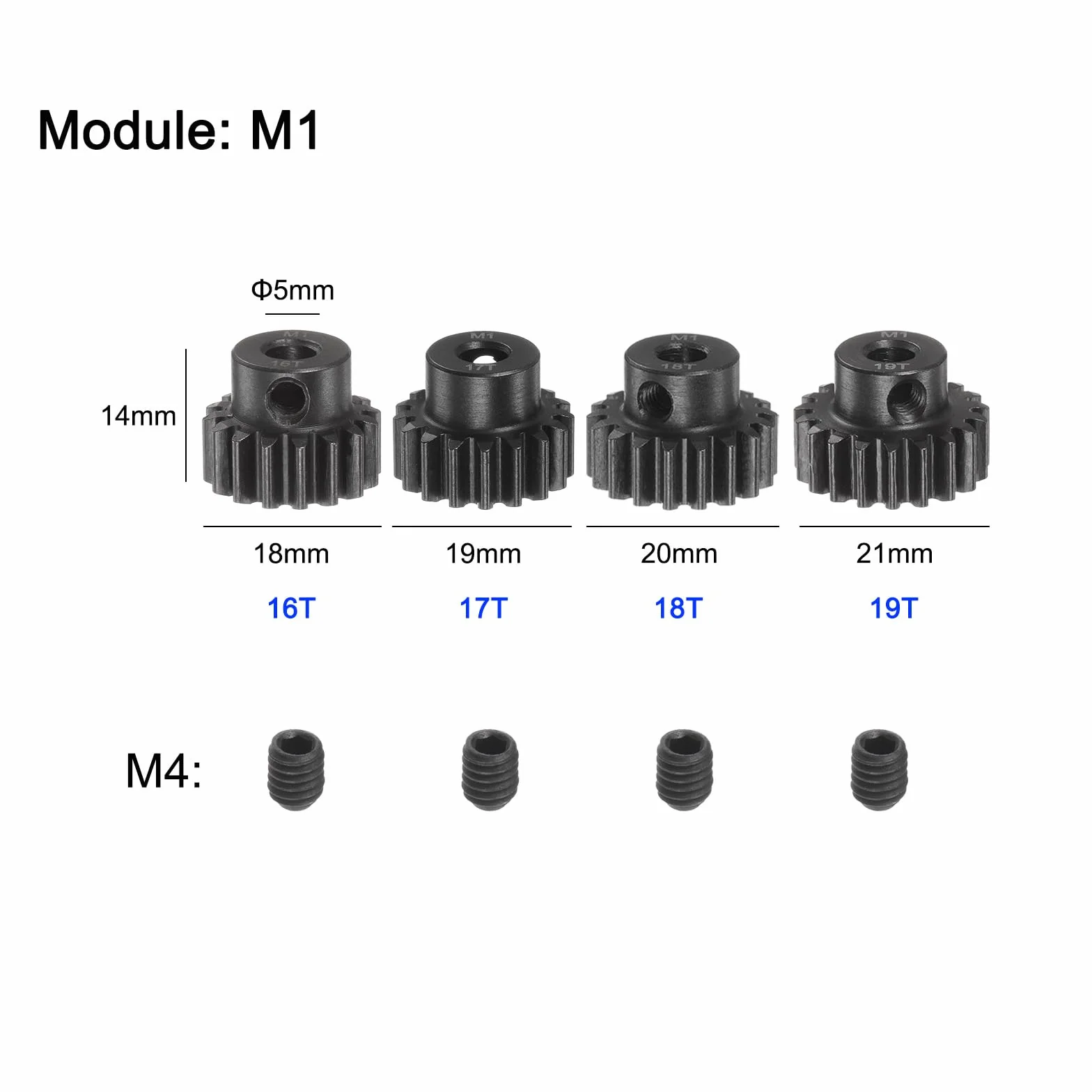 QUARKZMAN M1 Pinion Gear zestaw zębatek 5 mm wał 16T 17T 18T 19T koła zębate z hartowanej stali ze stopniem do samochodu RC (4 sztuki)