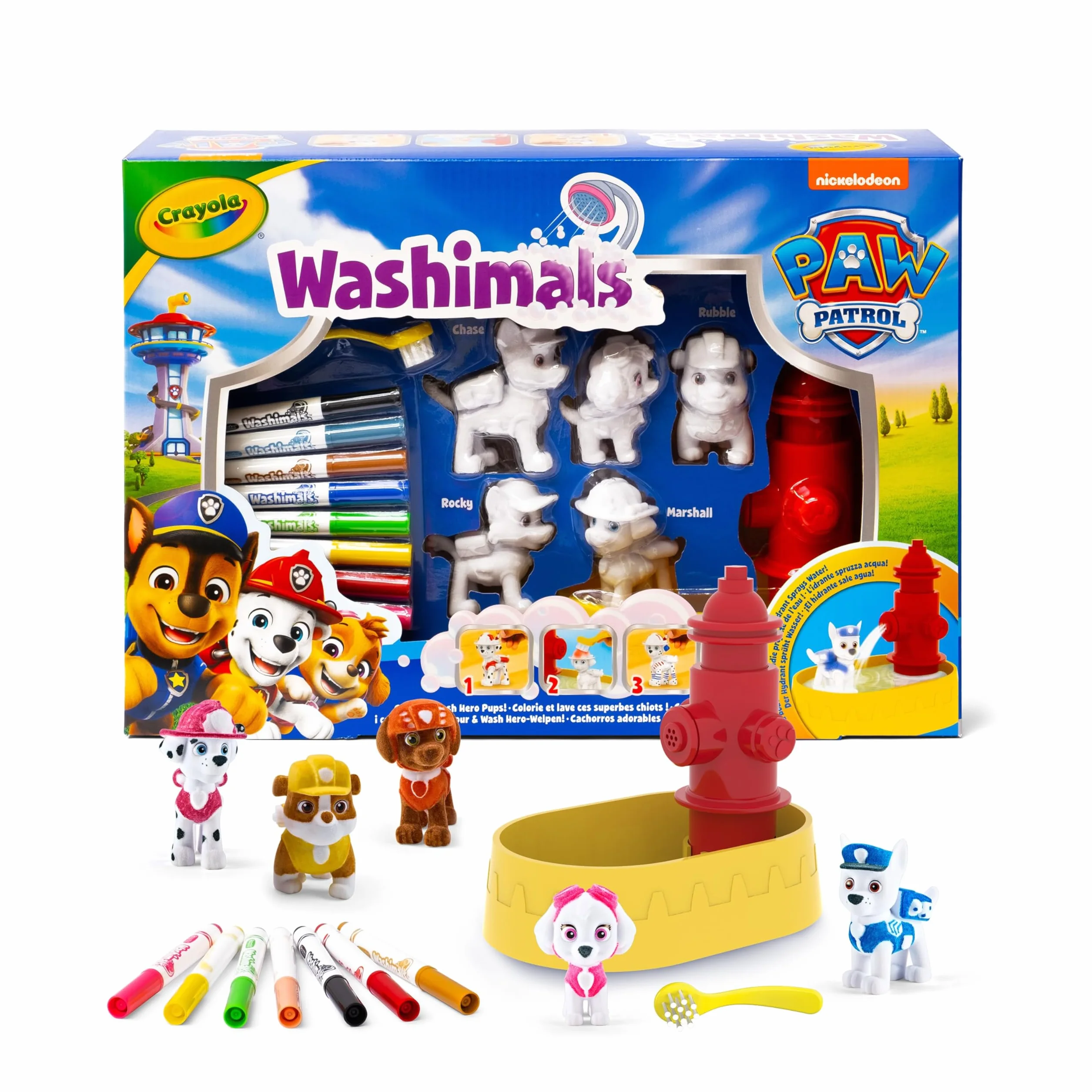 Crayola - Washimals Paw Patrol, zestaw kreatywny zawierający 5 szczeniąt, 8 flamastrów zmywalnych, wanienkę z prysznicem, szczoteczkę, zabawa i prezent dla dzieci, od lat 3, 74-0291