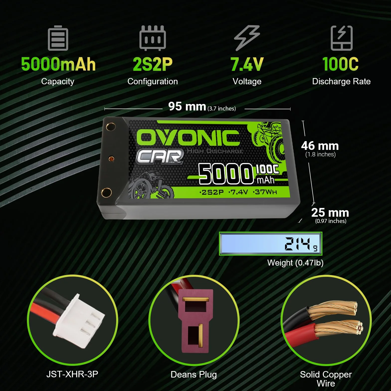 OVONIC 2s Lipo akumulator 7,4 V 5000 mAh 100C Shorty Lipo akumulator twardy etui z 4-mm pociskiem złącze wtykowe do pojazdów RC w skali 1:10