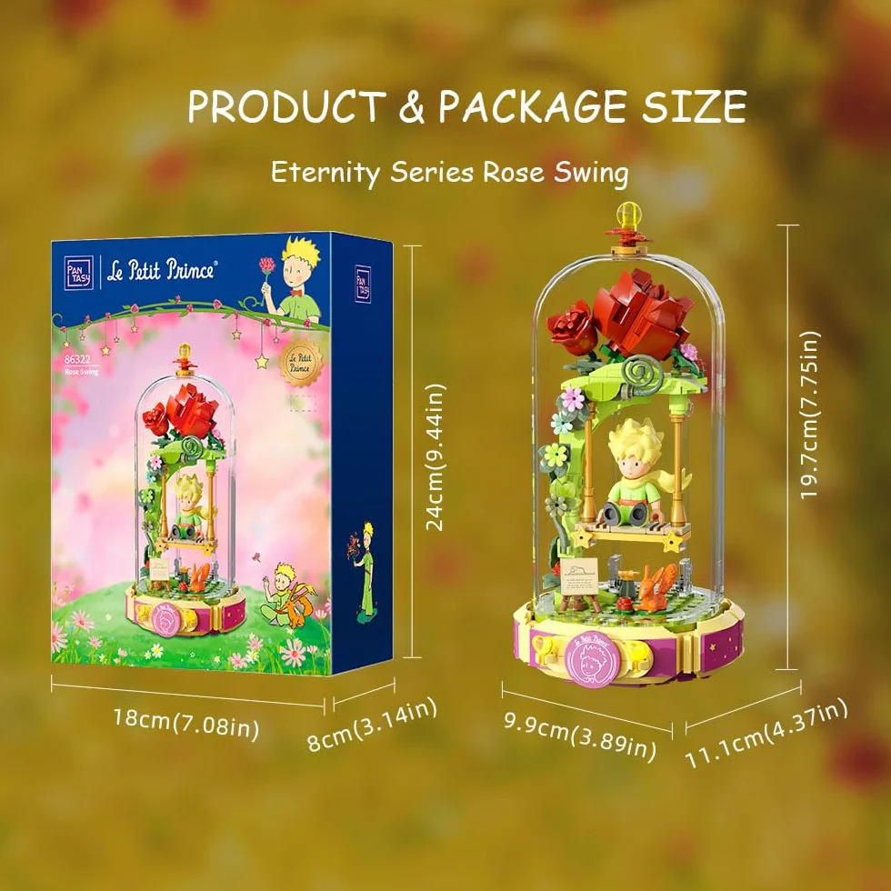 PANTASY Le Petit Prince zestaw klocków huśtawka z różą, kolekcjonerski model, kreatywny zestaw DIY z przezroczystą osłoną ochronną, element dekoracyjny, opowiadanie historii, minifigurka