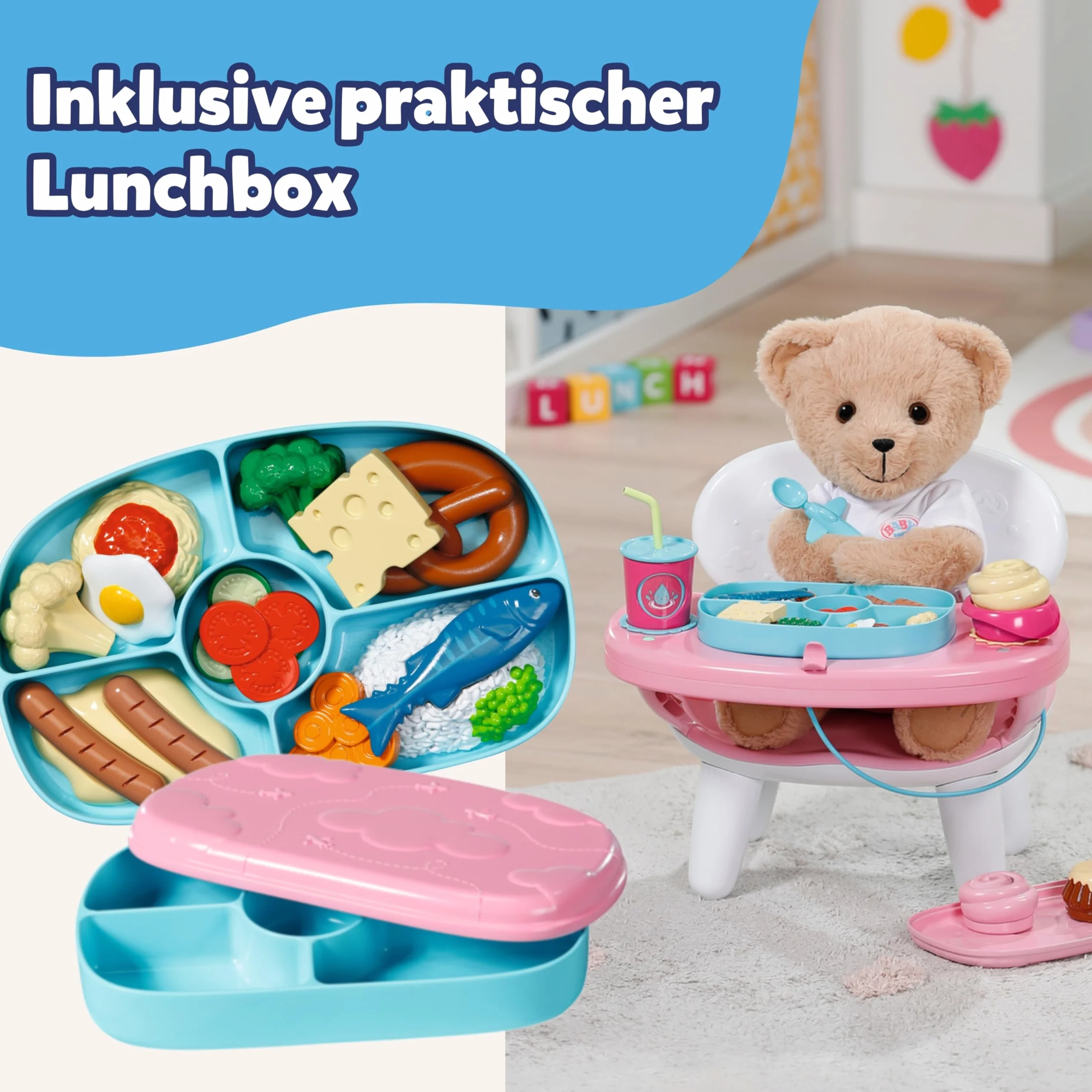 BABY born Stół do karmienia z funkcją oświetlenia i dźwięku, z ponad 10 różnymi potrawami i napojami, dla lalek 43 cm, 840634 Zapf Creation