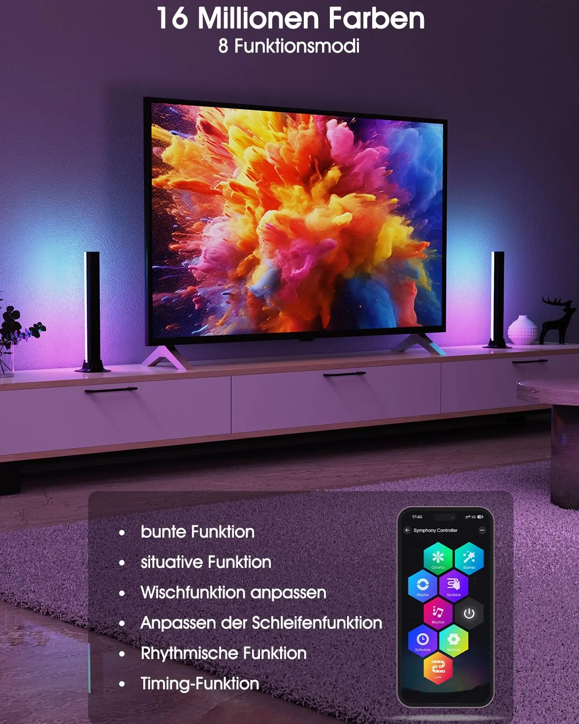 Lampka LED RGB [2 sztuki], lampa gamingowa z podświetleniem tła TV, zasilana przez USB, 32 cm, synchronizacja z muzyką, sterowanie za pomocą aplikacji, lampa otoczenia z pilotem zdalnego sterowania
