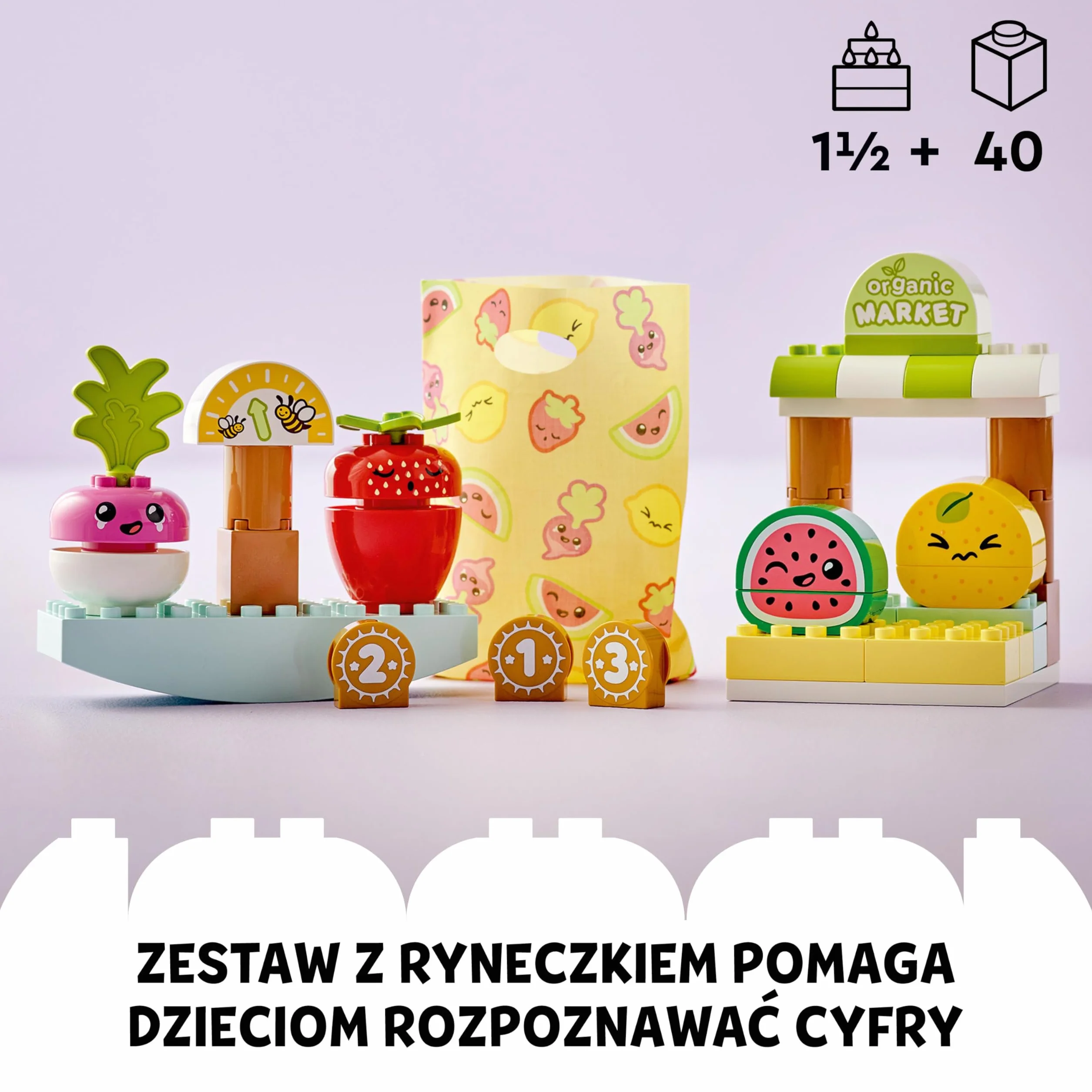 LEGO DUPLO My First Ryneczek bio, Zabawkowe Owoce i Warzywa, Zabawka Edukacyjna dla Dziecka do Nauki Cyferek, Układanie w Stosy dla Dzieci w wieku od 18 miesięcy do 3 lat, Pomysł na Prezent, 10983