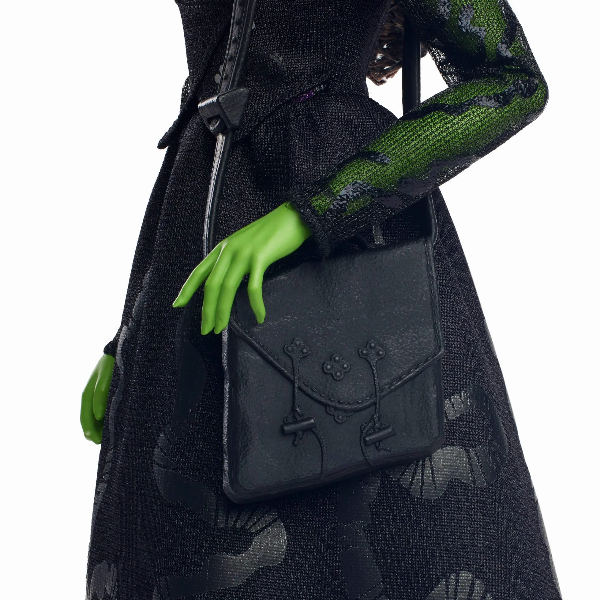 Mattel Universal Wicked Elfaba Lalka modowa do ustawiania w różnych pozach z zieloną skórą, czarnymi warkoczykami i zdejmowaną kreacją oraz akcesoria, HXT62