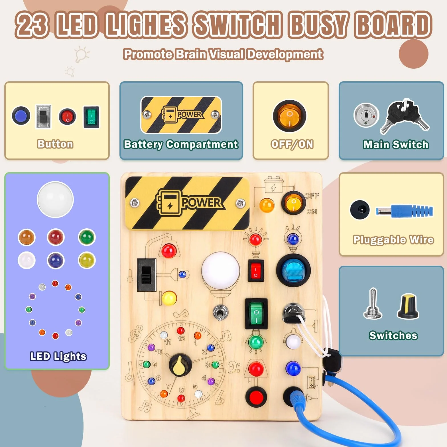 Busy Board Montessori zabawka od 1 roku życia, drewniana zabawka motoryczna, zabawka edukacyjna z 10 przełącznikami i 23 diodami LED dla małych dzieci, prezent dla chłopców i dziewczynek, 1, 2, 3 lata
