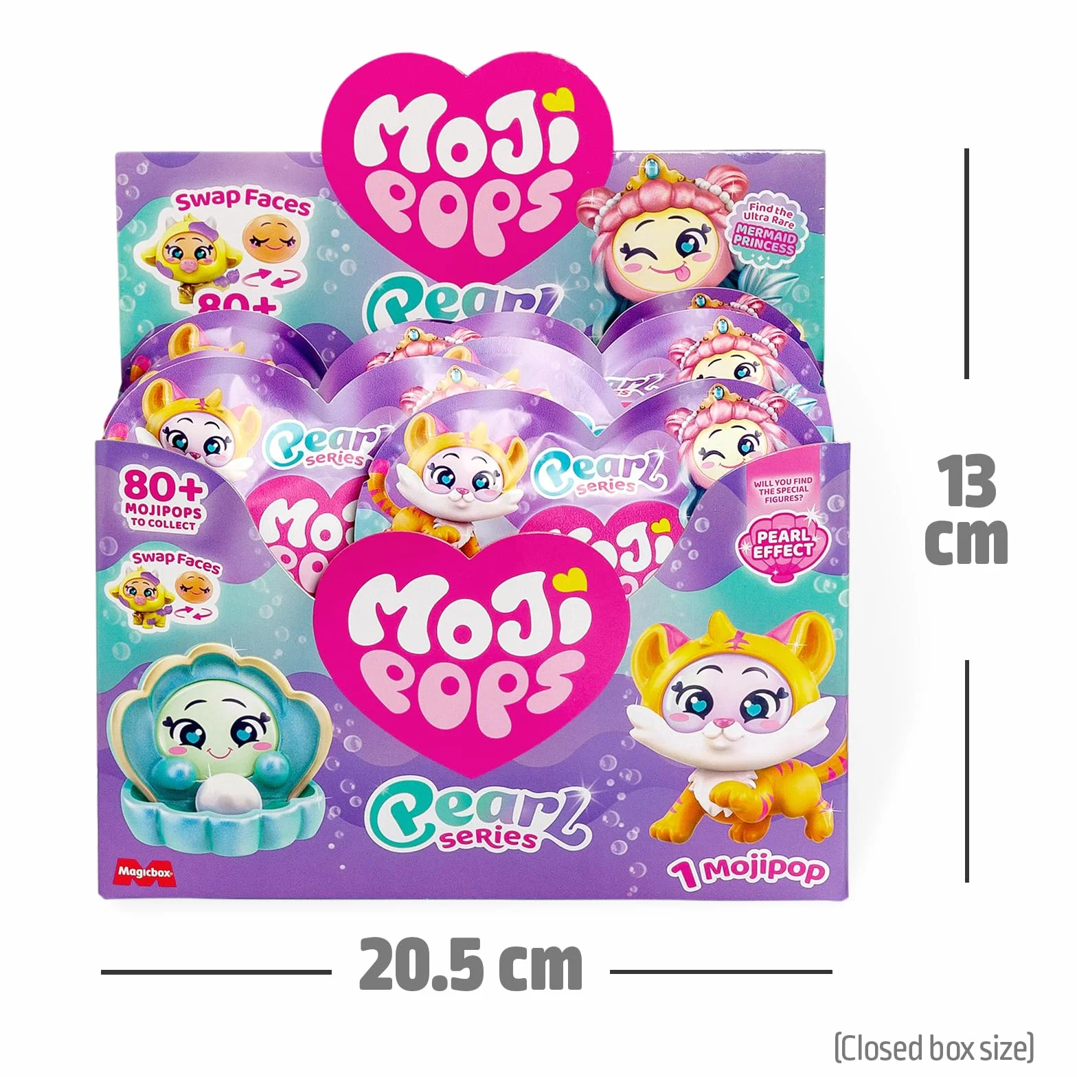 MOJI POPS Pearl Series - One Pack. Pudełko z 24 kopertami niespodzianek z figurkami kolekcjonerskimi z dwustronnymi buźkami. Każda koperta zawiera 1 niespodziankę Mojipop i 1 listę kontrolną