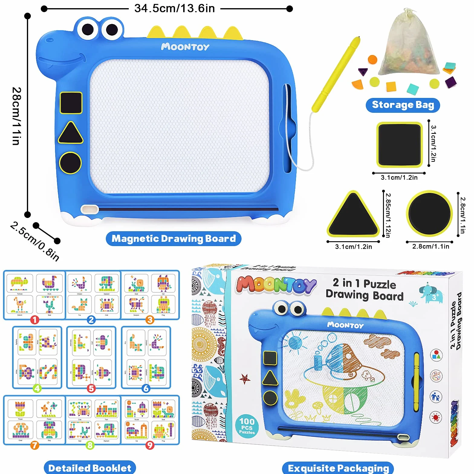 MOONTOY Tablica do malowania dla dzieci od 2 lat, 2 w 1, magnetyczna tablica magiczna Tangram, zestaw bloków magnetycznych, tablica do rysowania, prezent dla dzieci od 3, 4, 5 lat, dla dziewczynek i