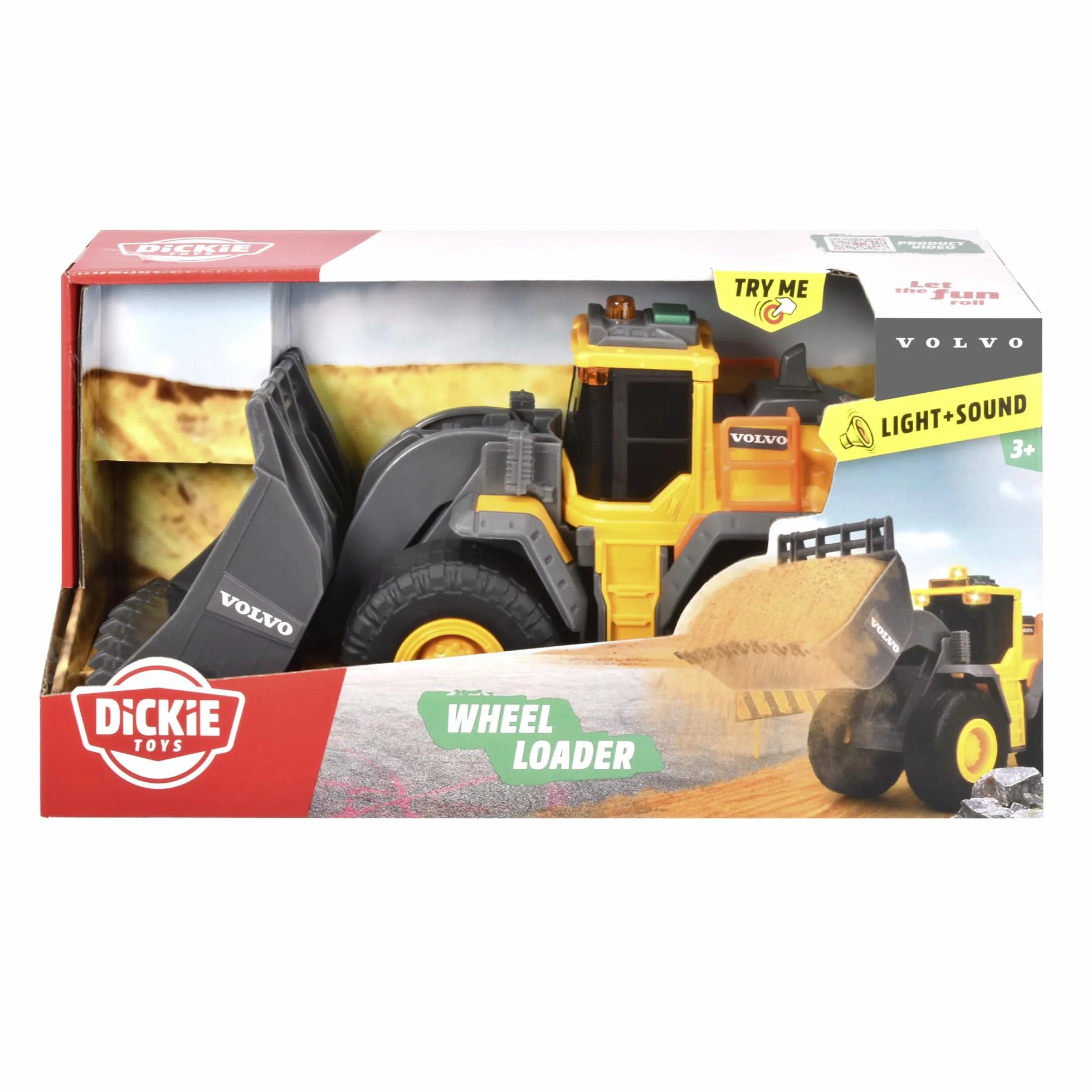 Dickie Toys 203723006 Volvo Ładowarka kołowa 23 cm z ogromną łopatą, światła i efekty dźwiękowe, zabawka na plac budowy dla chłopców i dziewcząt w wieku od 3 lat