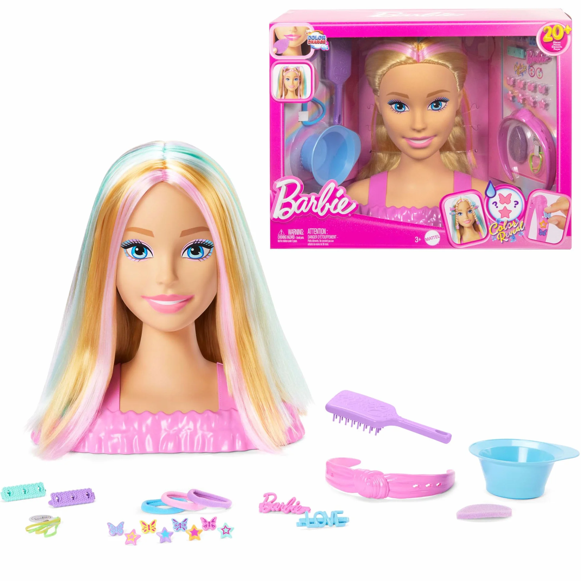Barbie Głowa do stylizacji z blond włosami i ponad 20 akcesoriami, w tym gwiazdkowymi i motylkowymi przypinkami zmieniającymi kolor, JFG81