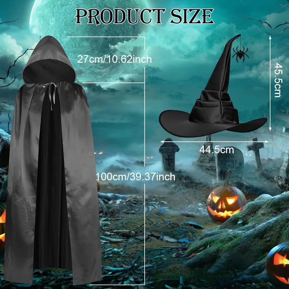 AUYAO Kostium czarownicy, damski kostium czarownicy, kompletny zestaw z peleryną z kapturem/kapeluszem pająka, peleryna na Halloween, kostium dla dorosłych, kobiet i mężczyzn, na Halloween, karnawał
