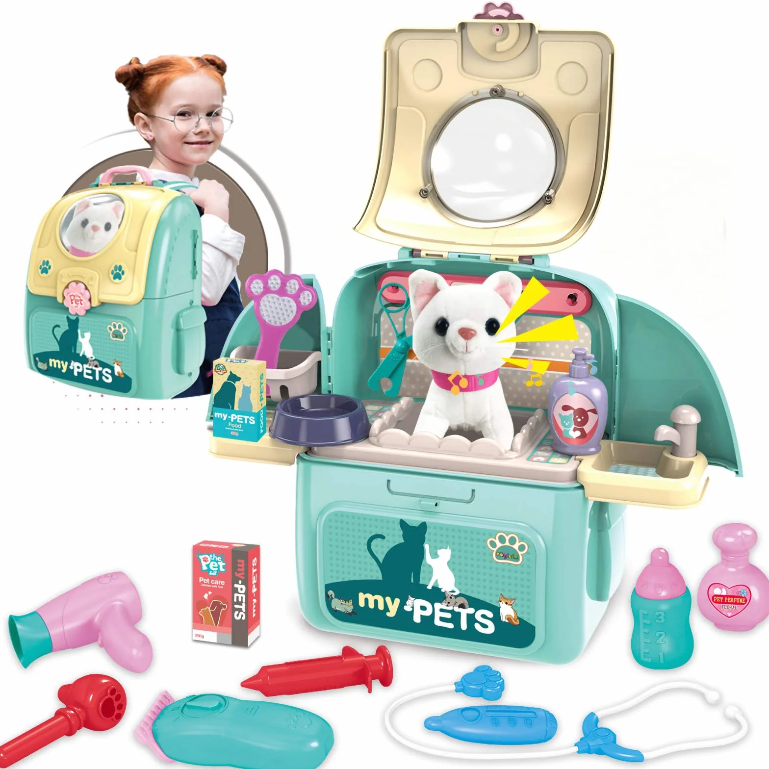 Gifts2U Kot weterynarz zabawki dla dzieci, lekarz zestaw do odgrywania ról edukacja dziewczyna dbać o zwierzę, kot może śpiewać plecak zabawki dla dzieci w wieku 3-4 5 6 lat