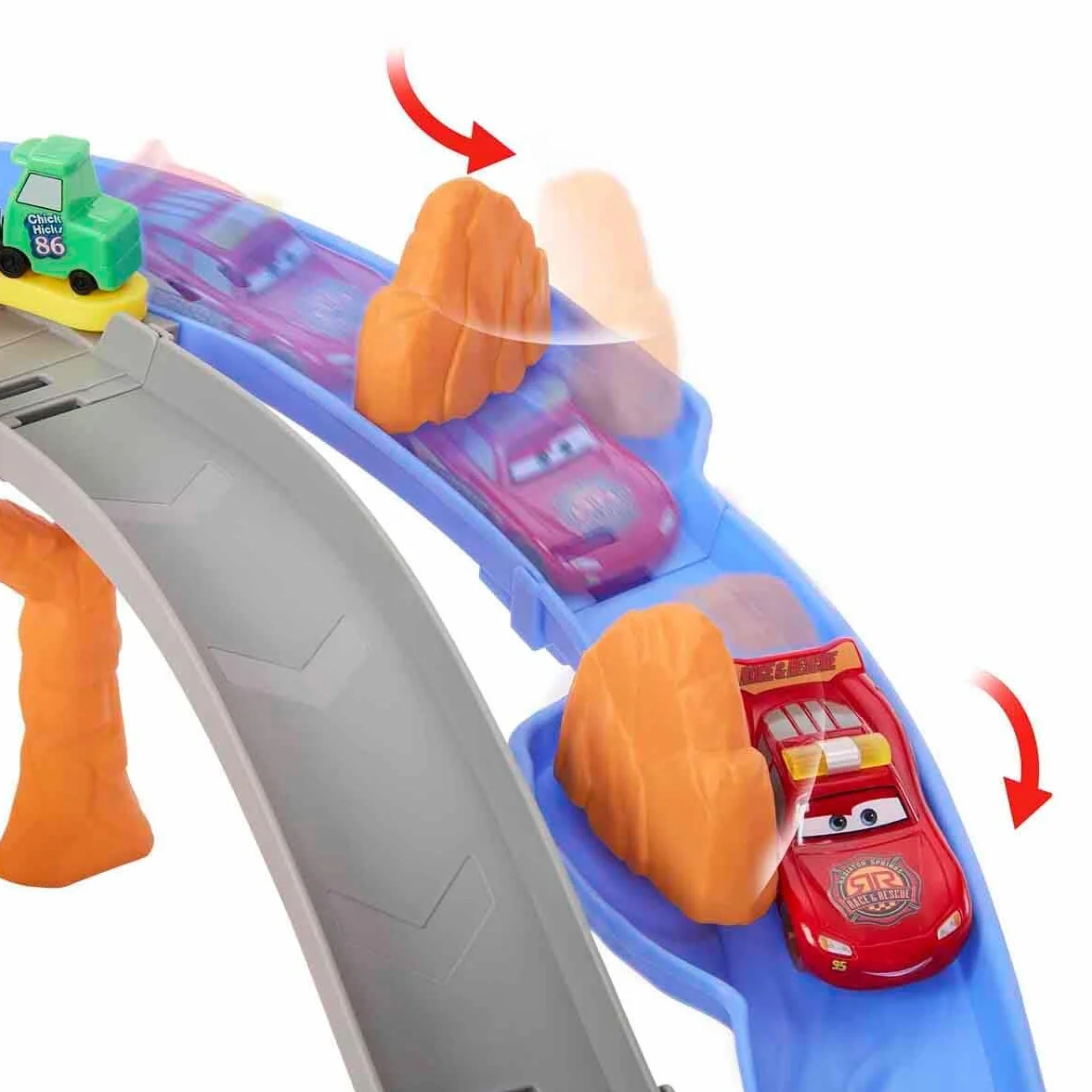 Mattel Disney Pixar Cars Auta Droga ratunkowa Wyścig z przeszkodami Zestaw do zabawy: 2 samochody zabawki Zygzak McQueen i Marek Marucha, 2 zabawkowe wózki widłowe i 2 sposoby na rajdową zabawę, JFL57