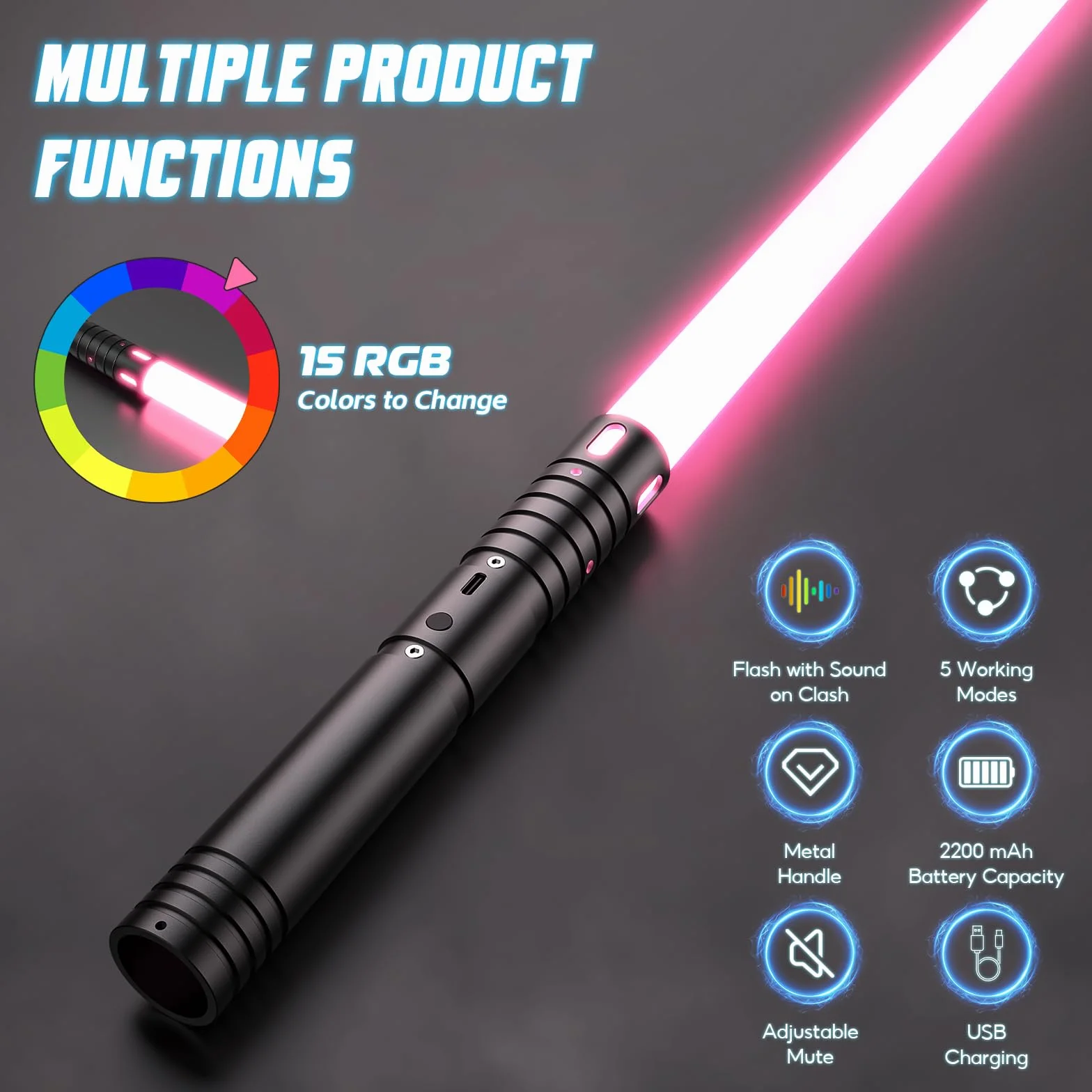 Miecz laserowy, miecz laserowy dla dzieci RGB 15 kolorów, miecze laserowe z efektami dźwiękowymi FX, zabawka dla dzieci, Halloween, galaktyczny wojownik odgrywanie ról (60 cm, 1 szt.)