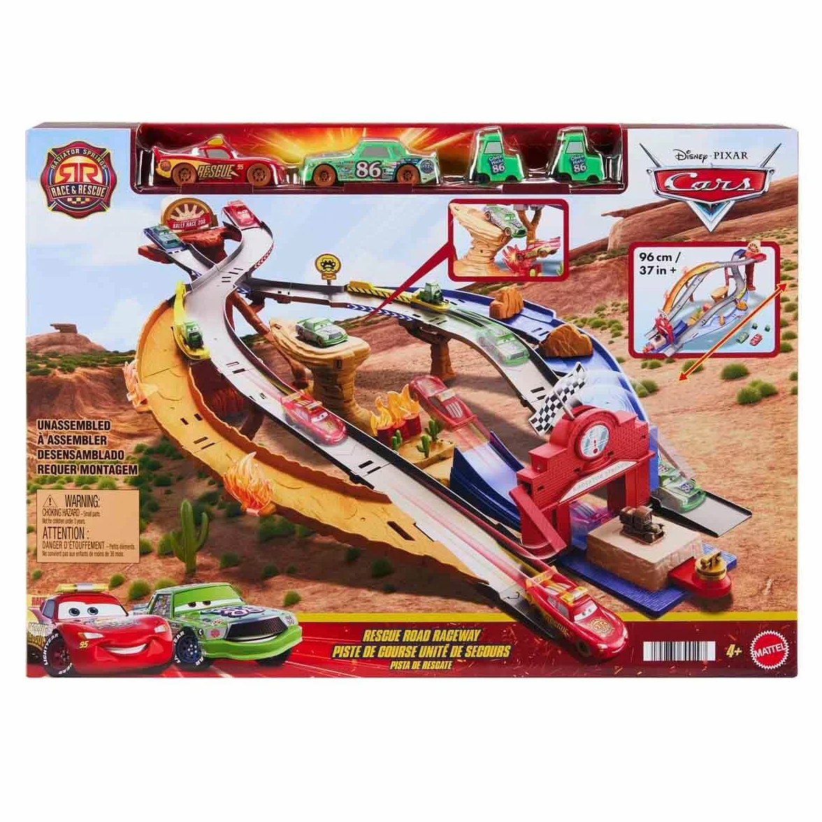 Mattel Disney Pixar Cars Auta Droga ratunkowa Wyścig z przeszkodami Zestaw do zabawy: 2 samochody zabawki Zygzak McQueen i Marek Marucha, 2 zabawkowe wózki widłowe i 2 sposoby na rajdową zabawę, JFL57