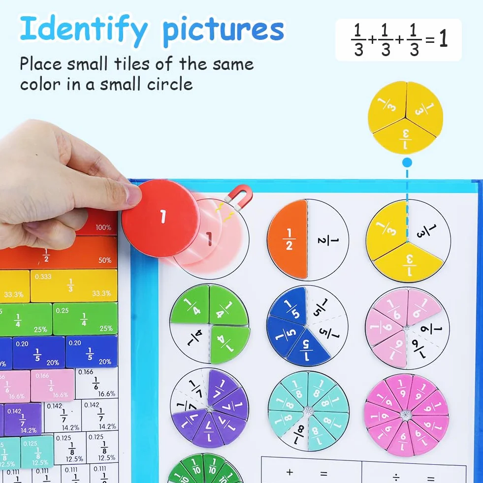 OFFCUP Magnetyczne płytki ułamkowe Montessori, zabawka edukacyjna matematyczna, zestaw manipulatorów (dinozaur)