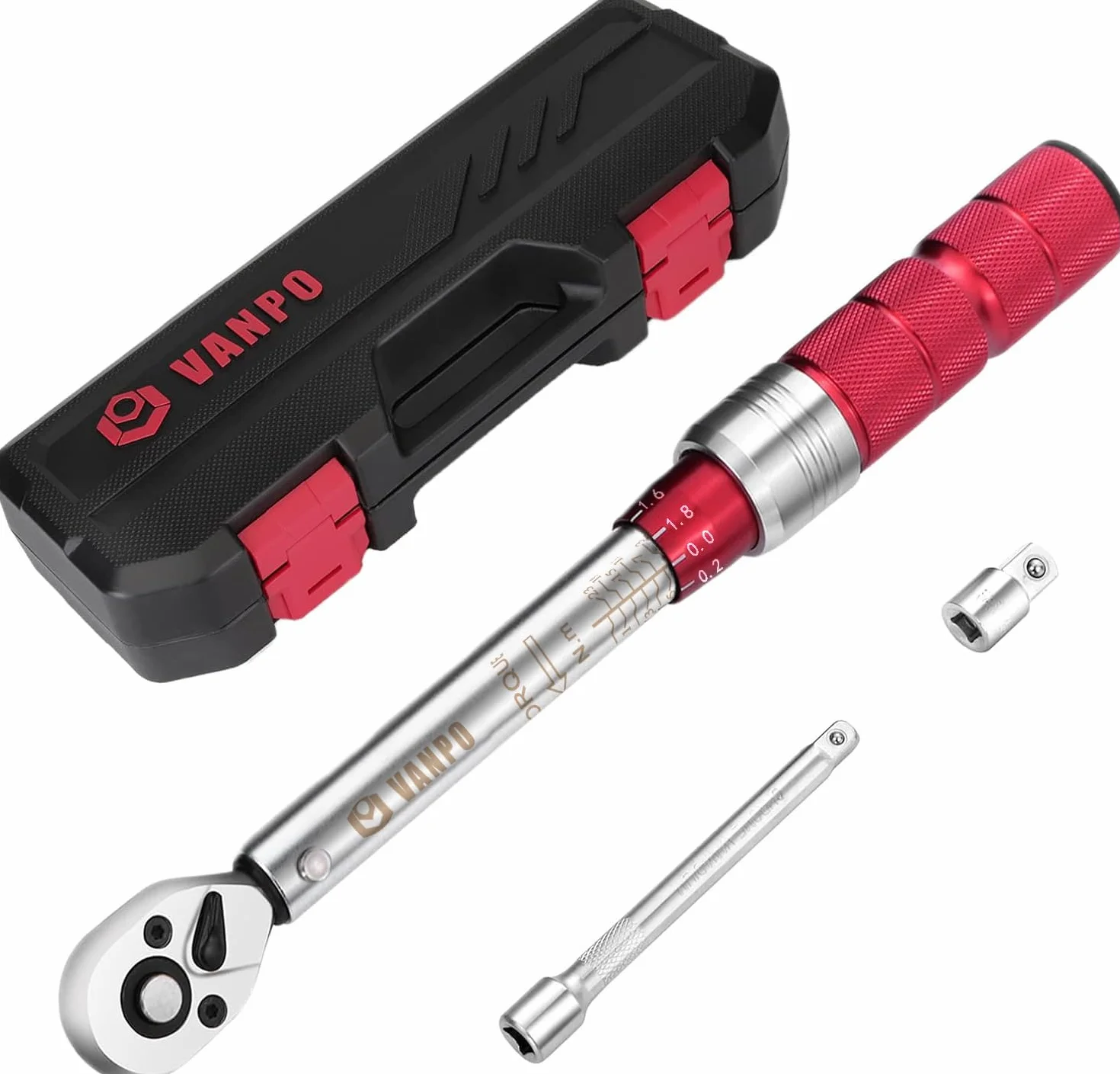 VANPO Klucz dynamometryczny 1/4", klucz dynamometryczny 5-25 Nm, wysoka dokładność ±3% z odwracalną głowicą 72T, listwa przedłużająca 10 cm, adapter 3/8", do roweru szosowego i górskiego, motocykla
