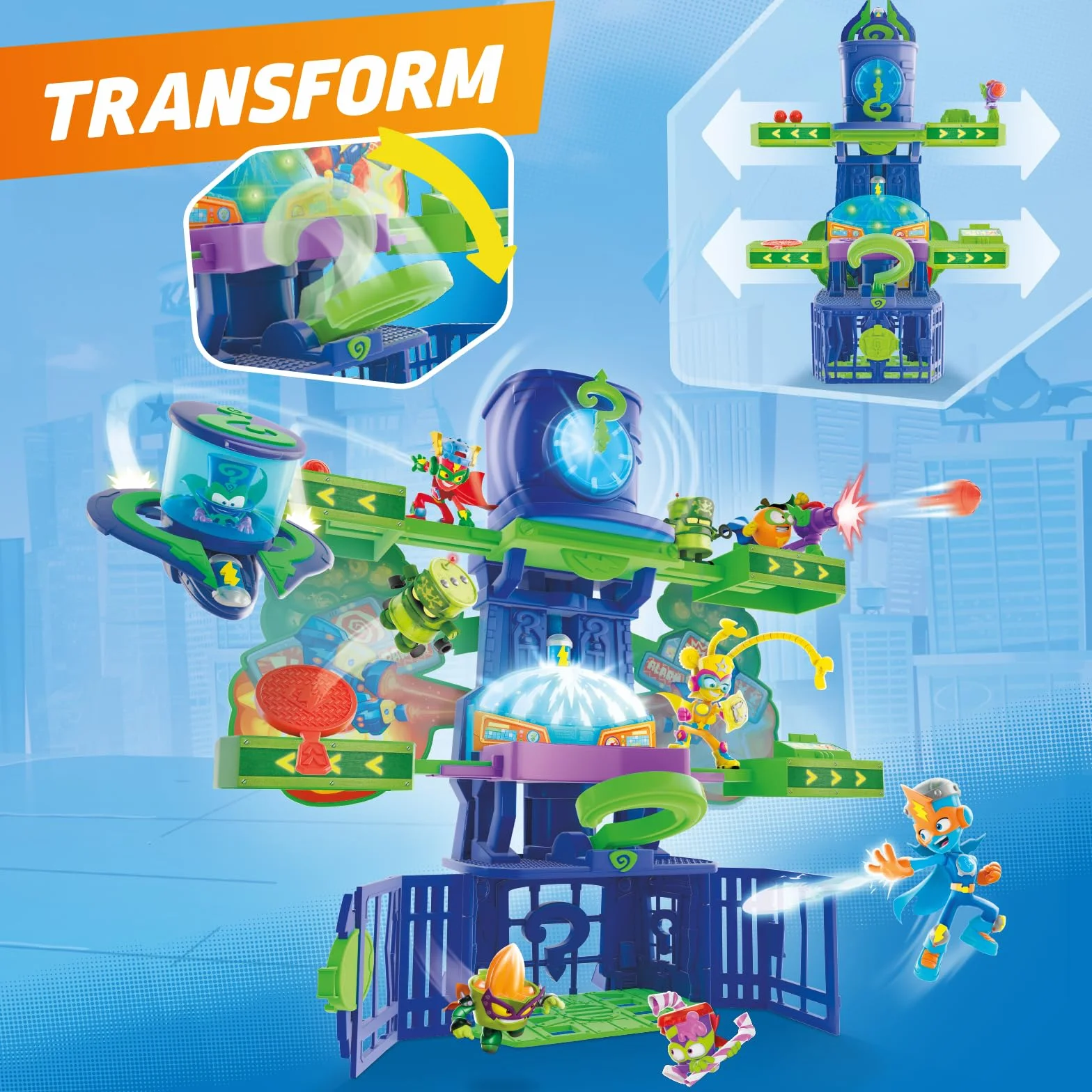 SUPERTHINGS KAZOOM POWER -Playset Enigma Tower.Wieża Enigmy z serialu telewizyjnego Klanu "Kazoom Power".Zawiera 1 Wieża,1 Ekskluzywna Enigma,1 Samolot,1 więzienie,1 katapulta,1 wyzwalacz, pociski