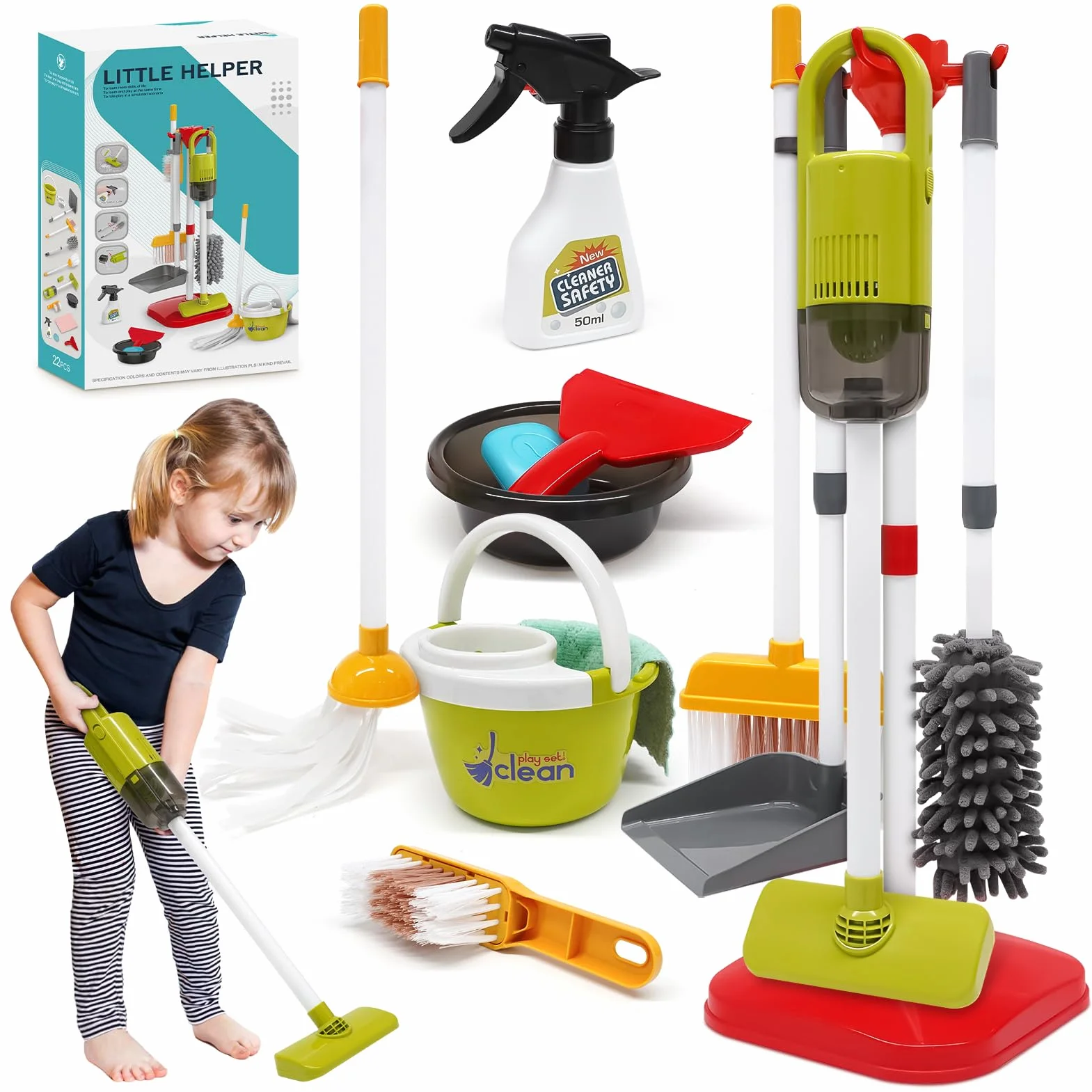 Dreamon Odkurzacz dziecięcy z funkcją ssania i dźwiękiem, 14 szt. zestaw do czyszczenia dla dzieci, 15 × 56 cm, zestaw miotły dla dzieci od 3 lat