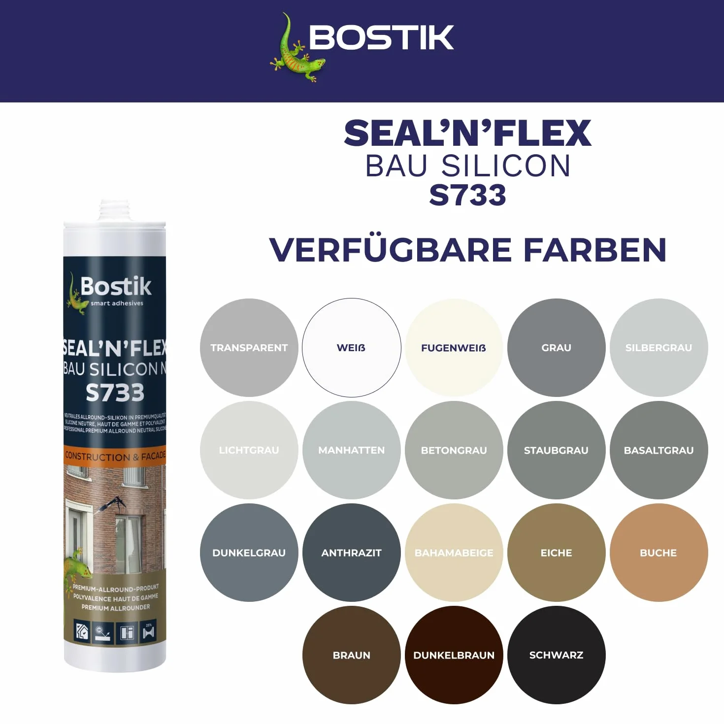 BOSTIK S733 Seal´n´Flex Bau Silicon Manhattan – neutralny uniwersalny silikon, odporny na pleśń, trwale elastyczny, nadaje się do stosowania wewnątrz i na zewnątrz, 300 ml