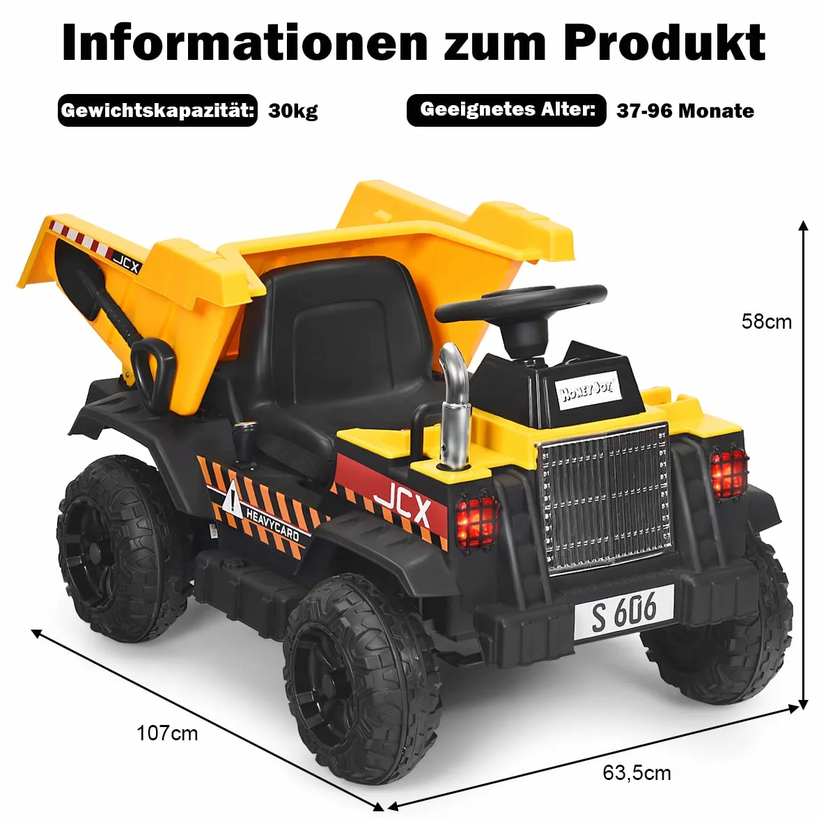 COSTWAY Traktor dziecięcy 12 V z elektryczną tylną szuflą, 3-biegowy traktor z pilotem zdalnego sterowania 2,4 G, oświetleniem, muzyką i radiem, traktor elektryczny 3-5 km/h dla dzieci w wieku 3-8 lat