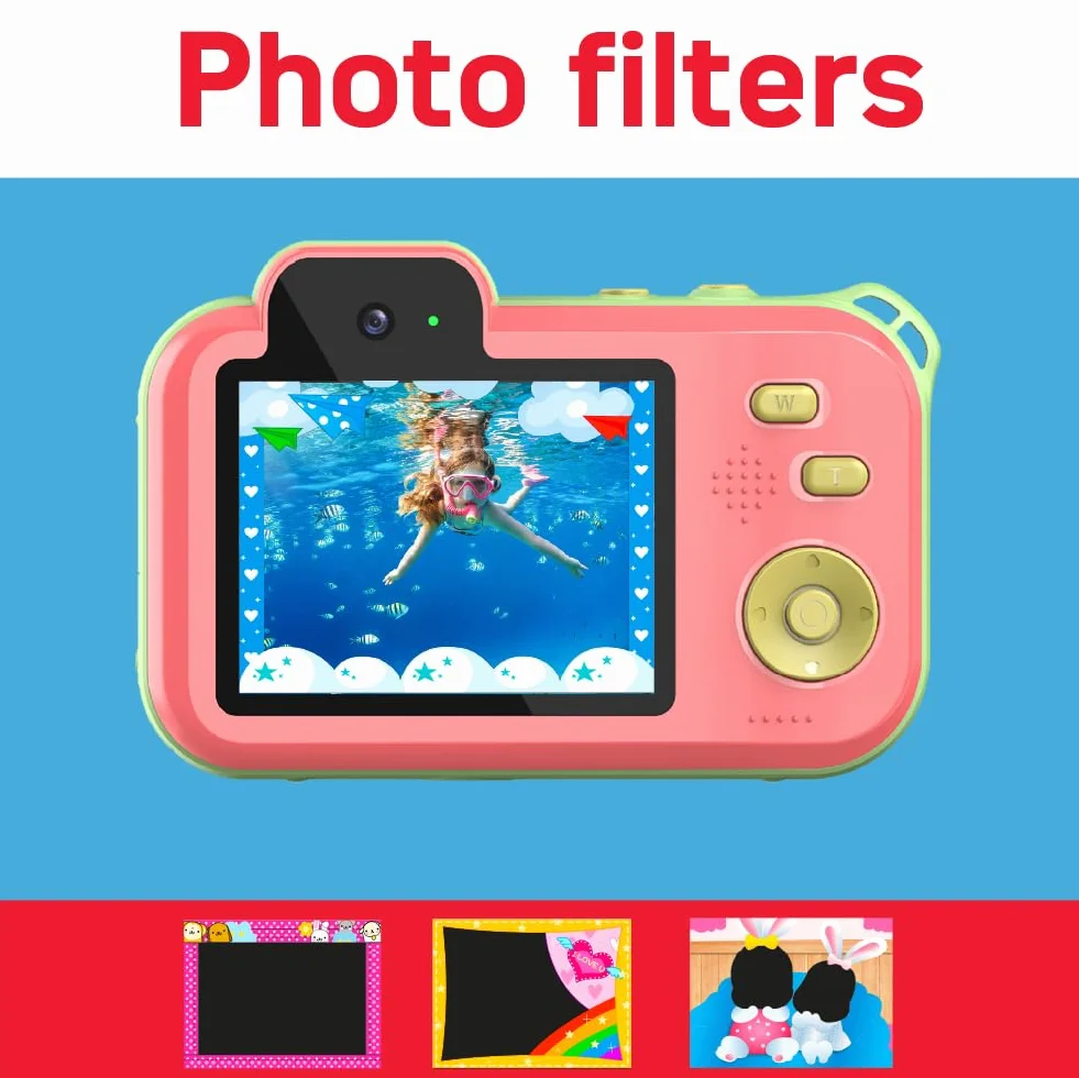 AgfaPhoto Realikids Cam Waterproof 2 - wodoodporny aparat dziecięcy 12 MP, wideo HD, tryb selfie, filtry i ramki, wbudowane gry, bateria litowa - czerwony