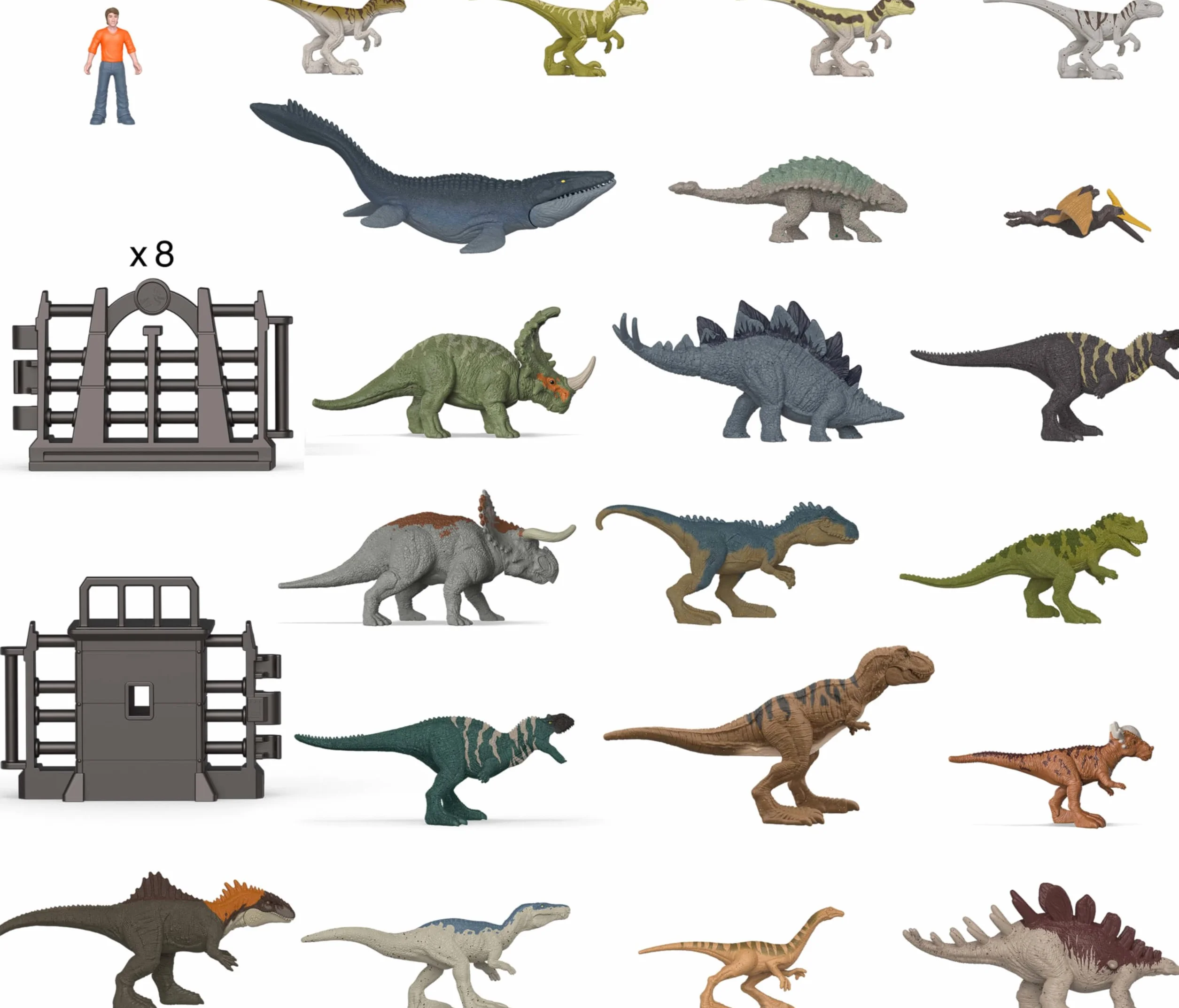 Mattel Jurassic World: teoria chaosu 2024 świąteczny kalendarz adwentowy z odliczaniem 24 dni, 30 zabawkowych niespodzianek związanych z dinozaurami, 20 mini dinozaurów, 1 człowiek, 9 sztuk ogrodzenia