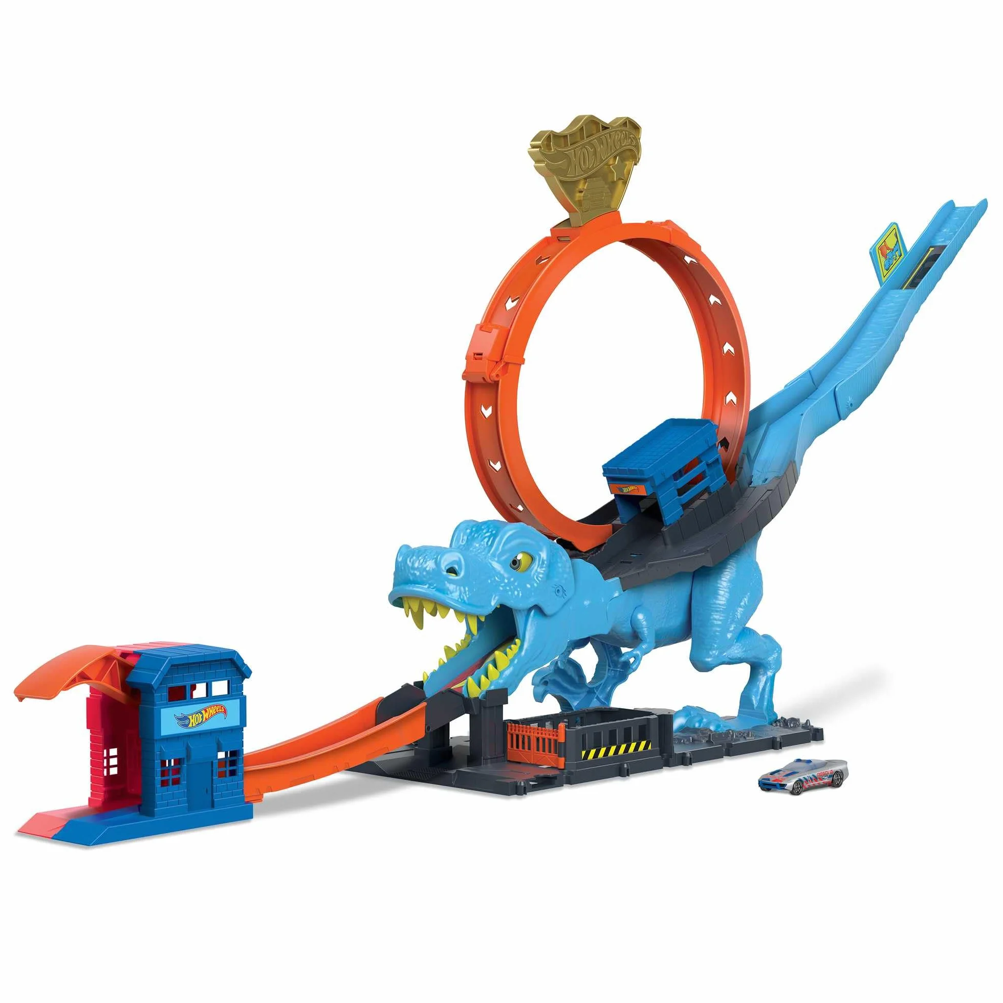 Hot Wheels City Pętla T-Rexa Zestaw z ogromną pętlą i starciem z dużym dinozaurem, HNP77
