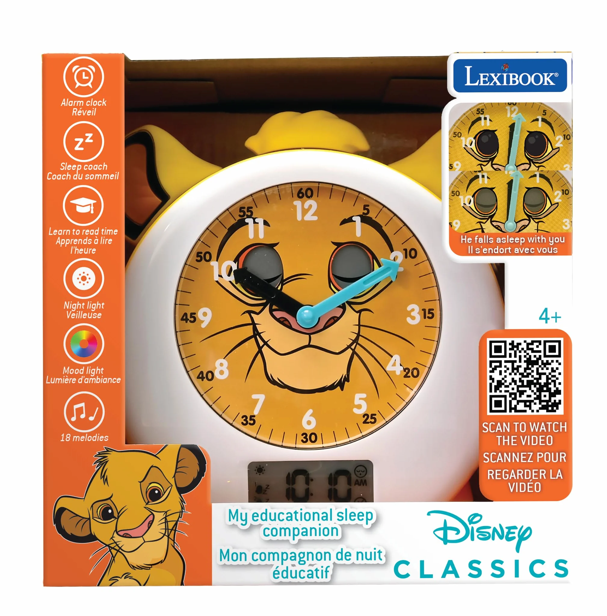 Lexibook, Disney Król Lew, Simba, Mój Edukacyjny Towarzysz do Snu, Budzik, Lampka Nocna, Symulator Świtu, Timer, Podwójny Wyświetlacz Czasu, Akumulator, Żółty, RLT100AN